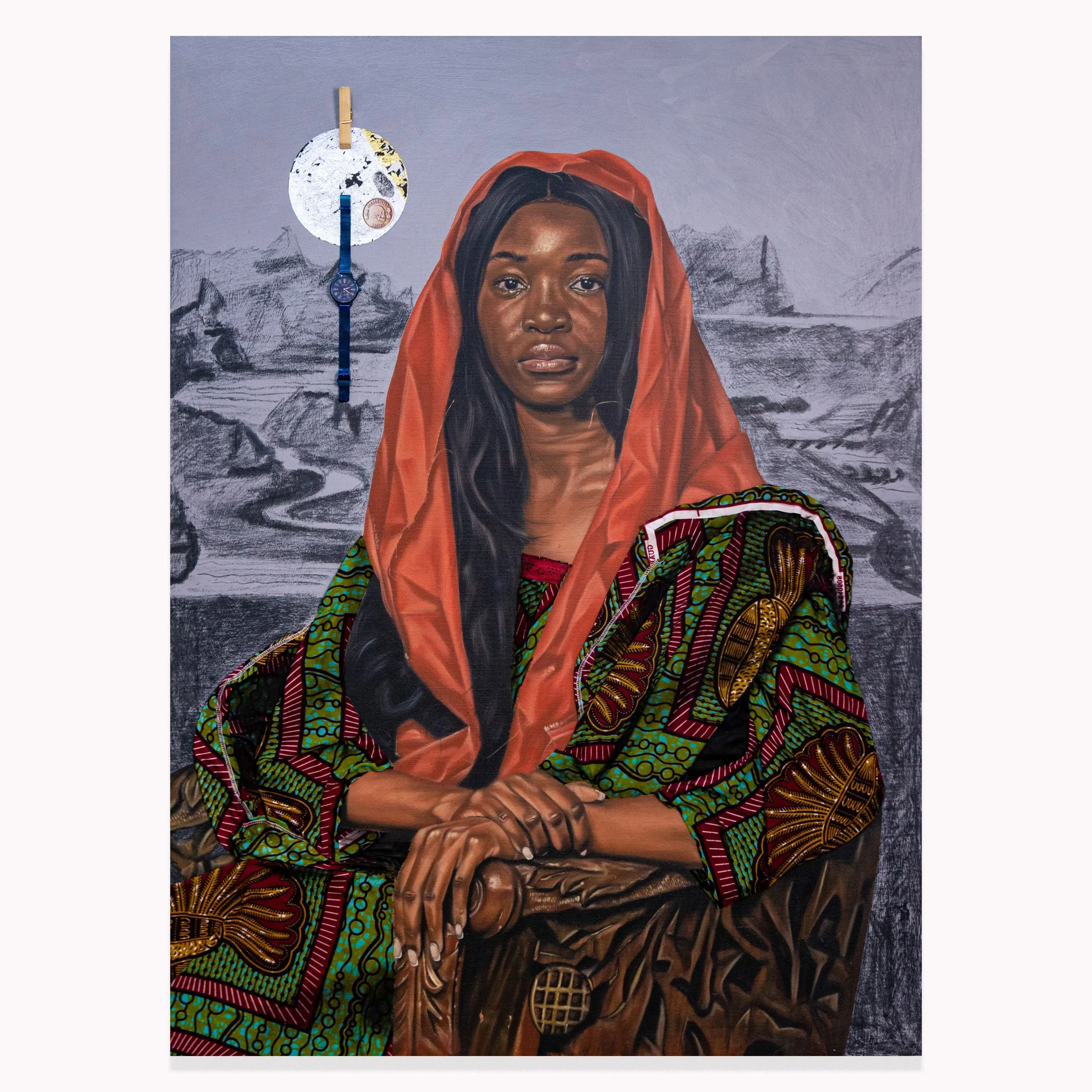 Felisha, 2025. Mix Media (Oil paint, Acrylic paint, Charcoal Stick and collages) – 46/34 In. Private collection.