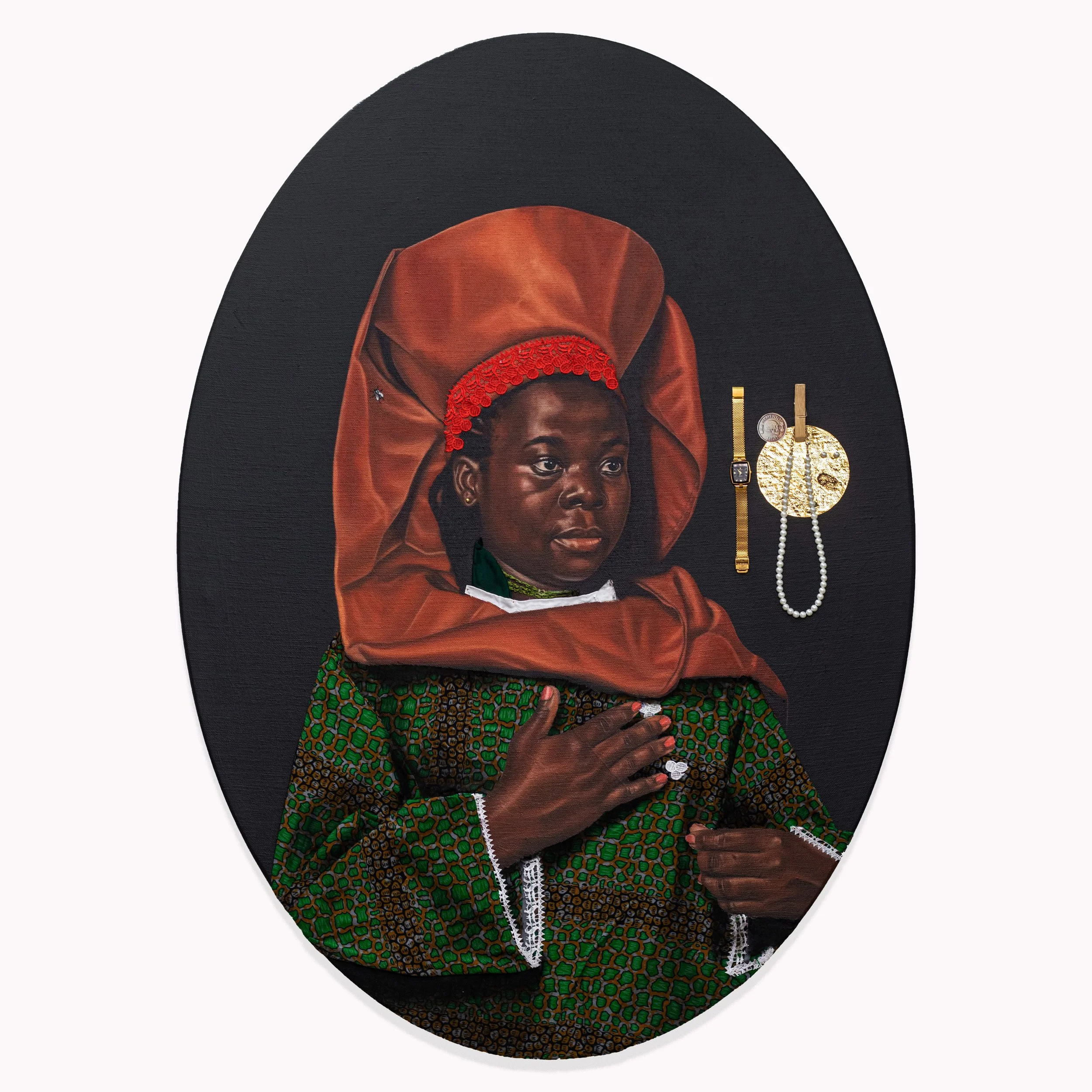 Portrait of a Woman of Pre-eminence, 2025. Mix Media (Oil paint, Acrylic paint and collages) – 50/36 In. Private collection.