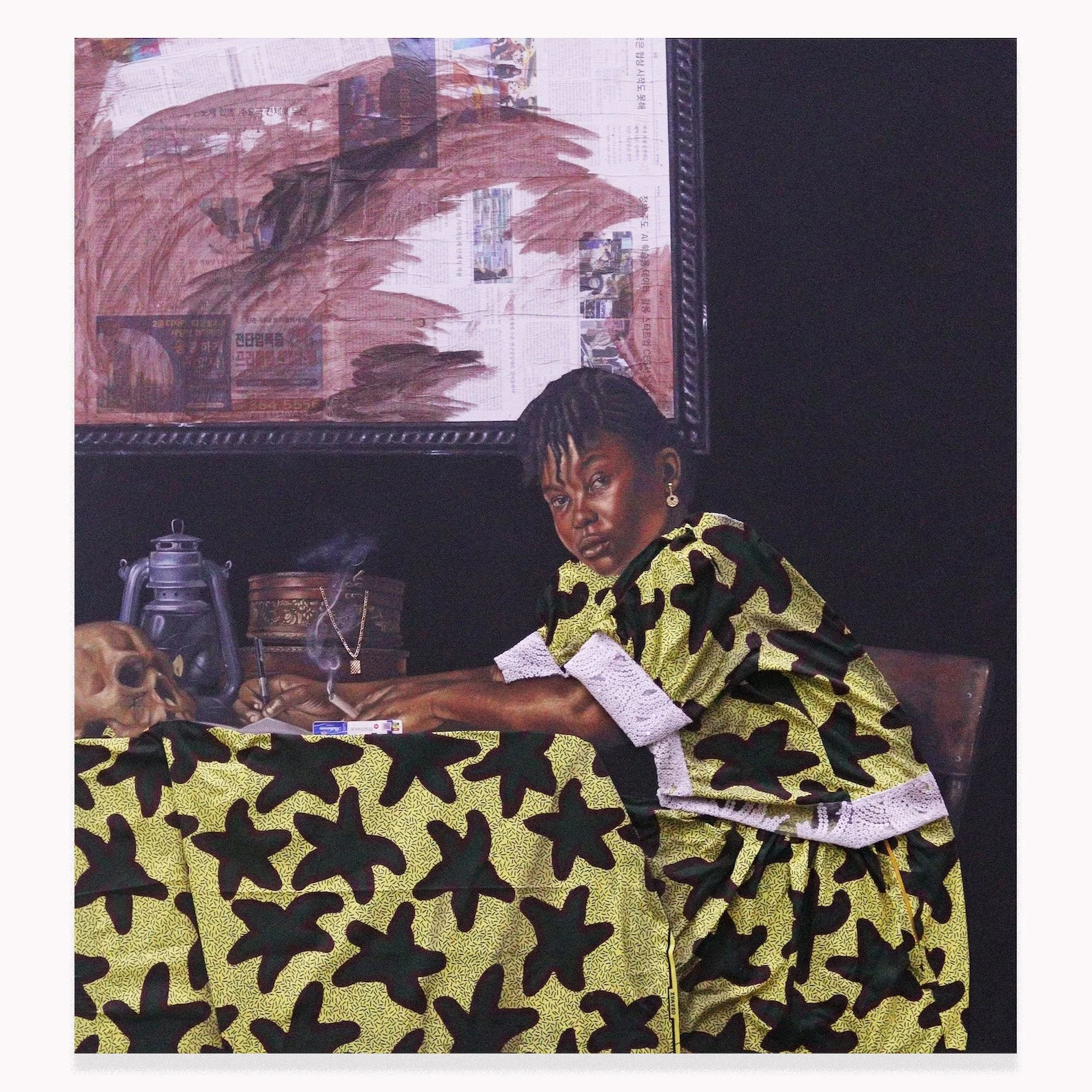 A Girl Smoking and Writing a Letter, 2022. Mix Media (Oil paint, Acrylic paint and collages) – 65/60 In. Private collection.