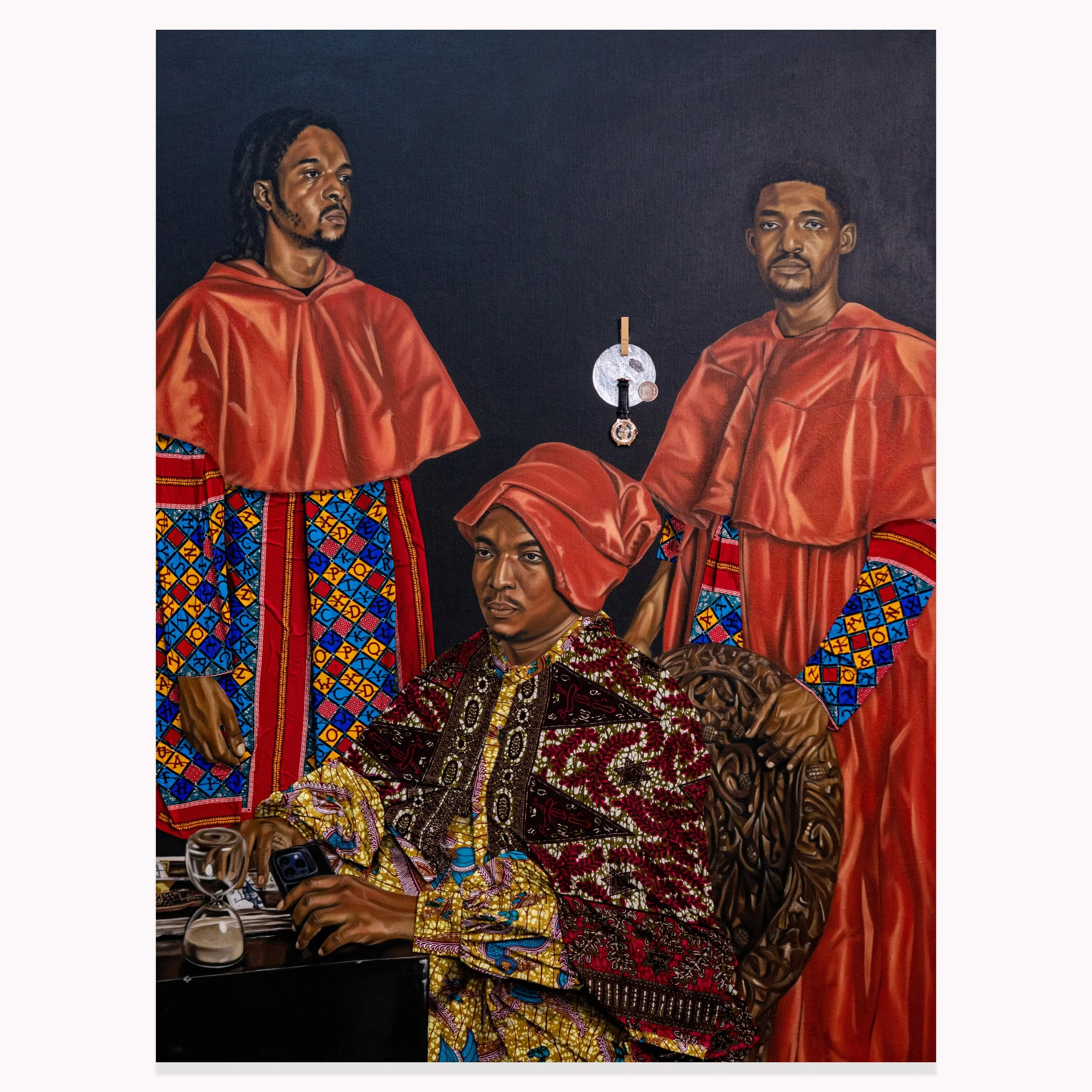 Portrait of Counsel Remi and Siblings as Cardinals, 2025. Mix Media (Oil paint, Acrylic paint and collages) – 74/56 In.