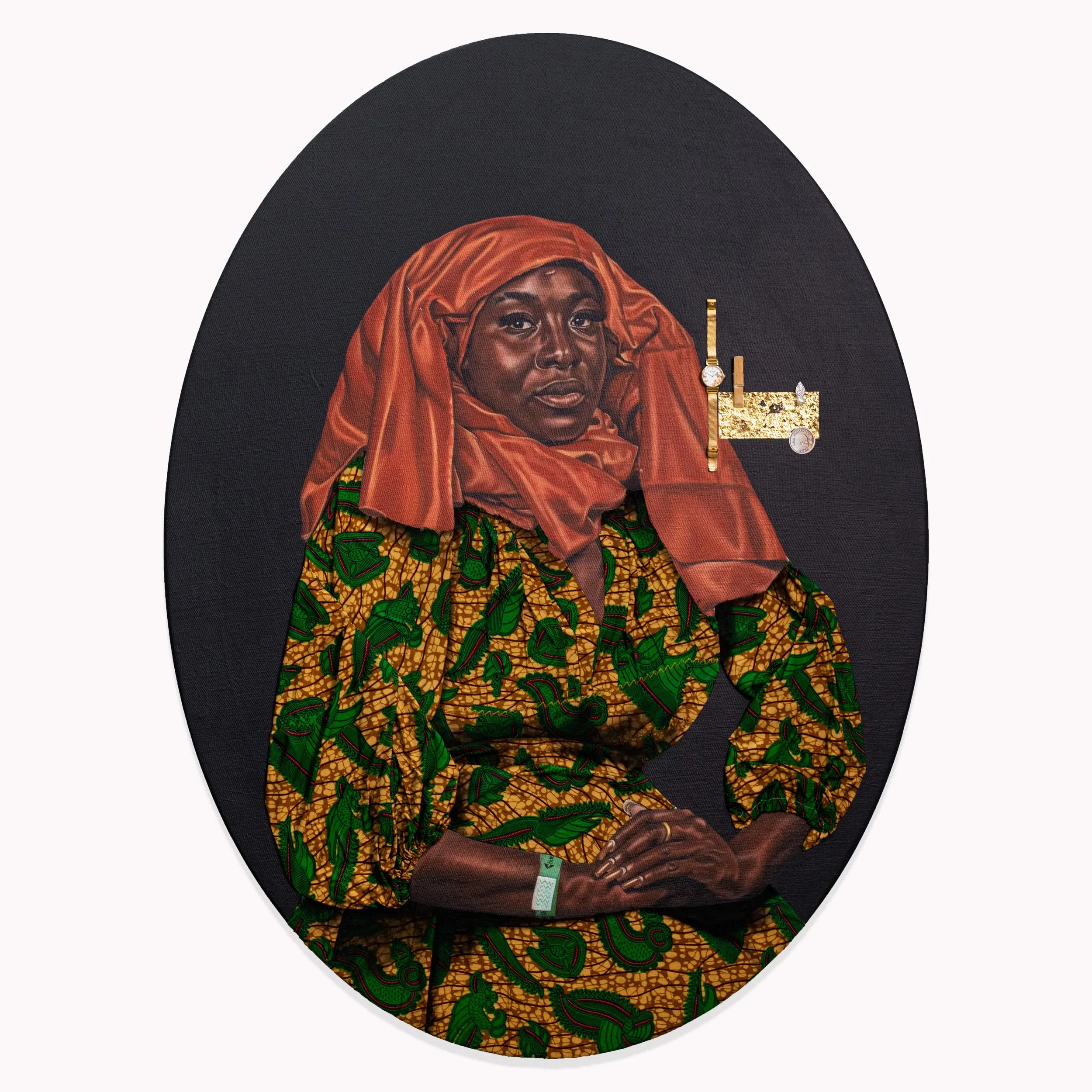 Portrait of Polley Sally with a Winged Bonnet, 2025. Mix Media (Oil paint, Acrylic paint and collages) – 56/42 In.