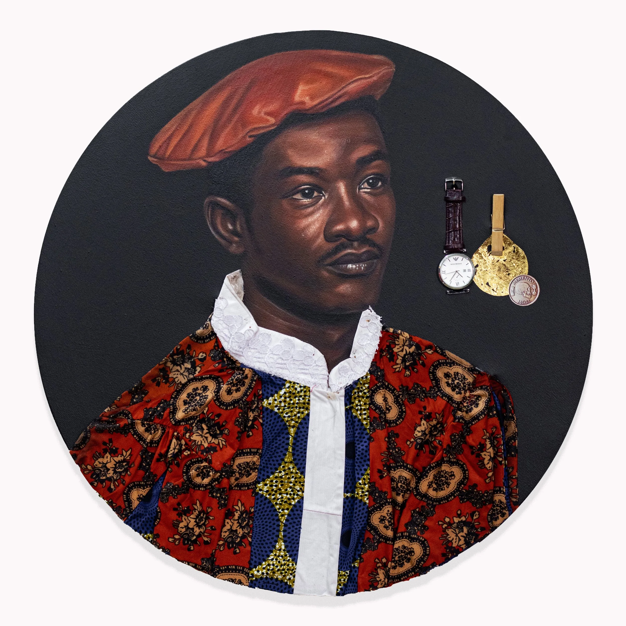 Portrait of Hoggar in Royal Livery, 2025. Mix Media (Oil paint, Acrylic paint and collages) – 26/26 In. Private collection.