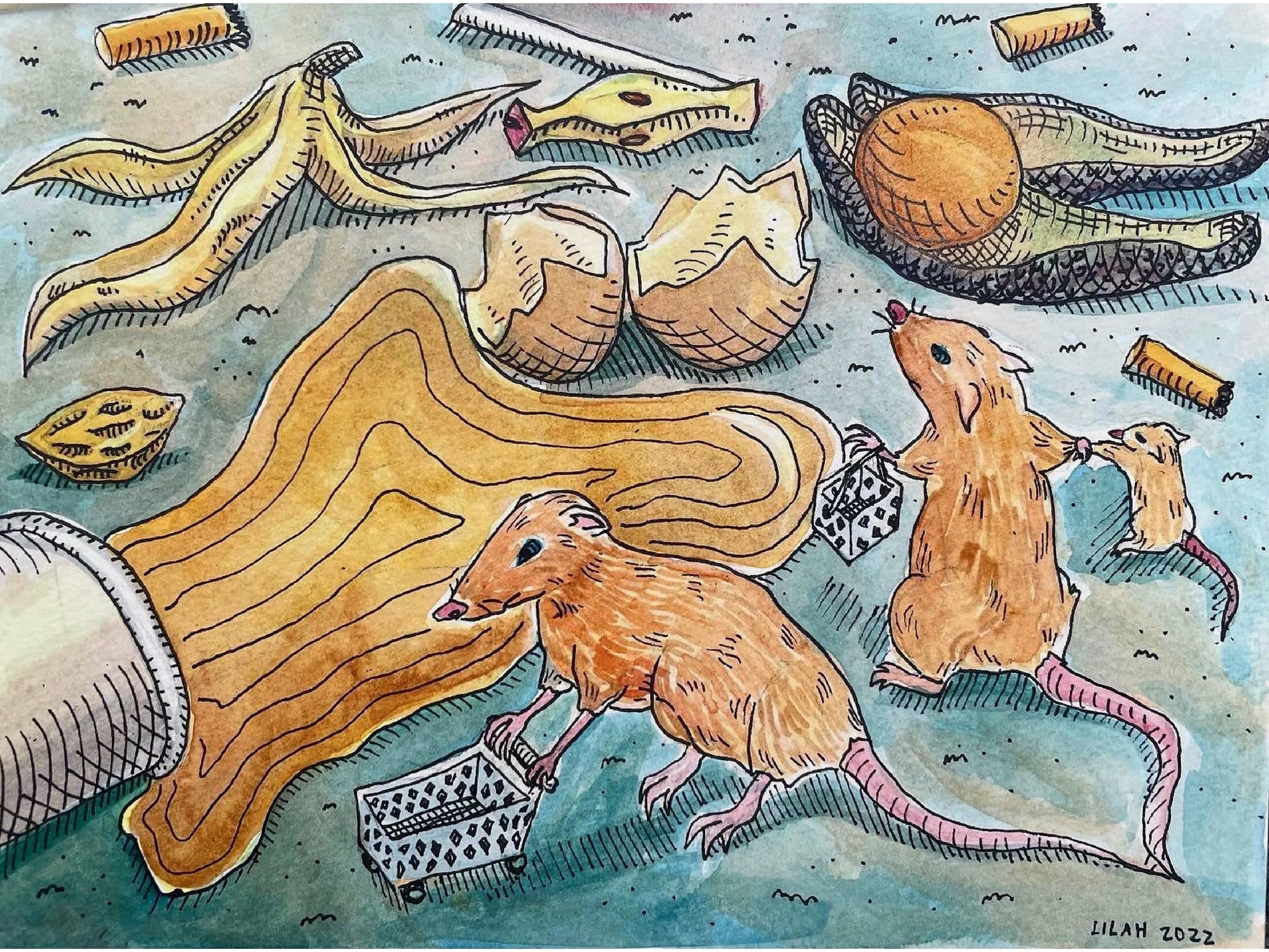watercolor painting of whimsical rats searching through a trash pile for groceries