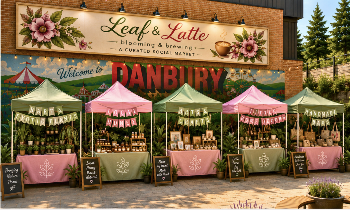 Outdoor market stall with pink and green tents selling plants, honey, crafts, home decor, and bags, with string lights and chalkboard signs, against a colorful mural and brick wall.