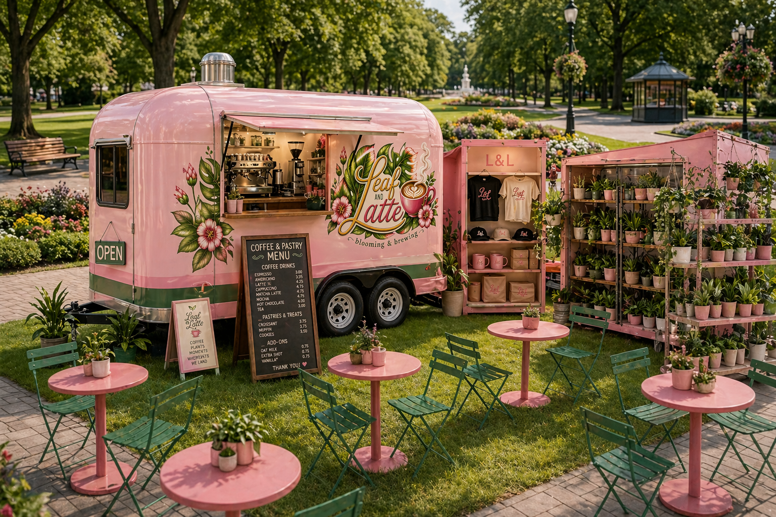 Pink mobile coffee stand decorated with flowers, with outdoor seating and potted plants in a park.