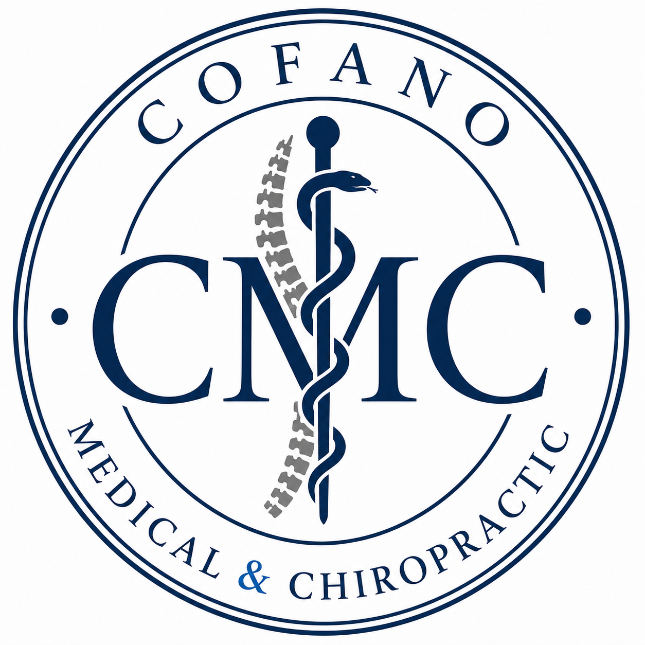 Logo for the Council of the Medical Chiropractic Community featuring a caduceus, a snake entwined around a staff, with a spine in the background and the words 'Council of the Medical Chiropractic Community' around the circle.