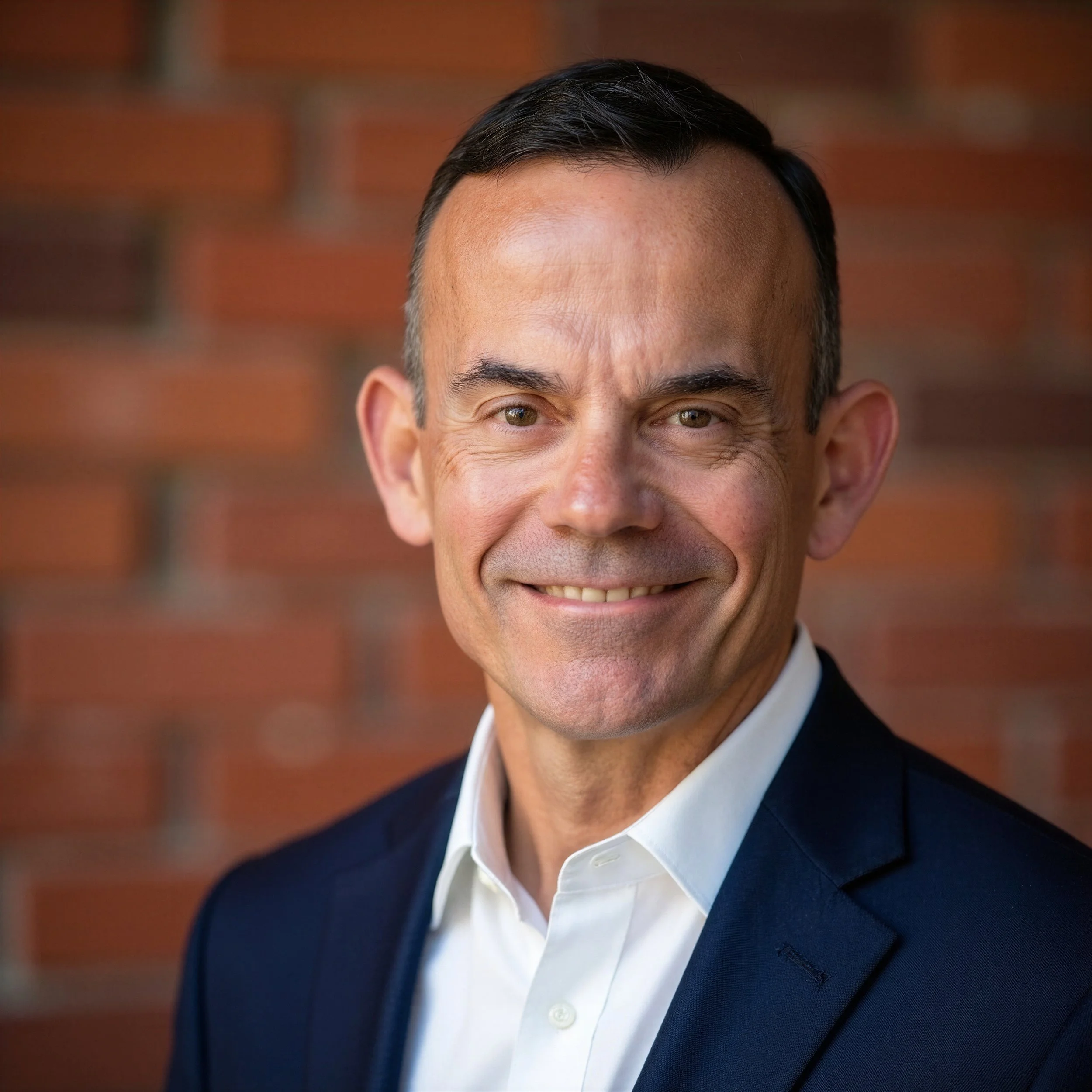 A man with short dark hair, wearing a dark suit jacket and a white dress shirt, smiling and looking directly at the camera. The background is blurred with a brick wall.