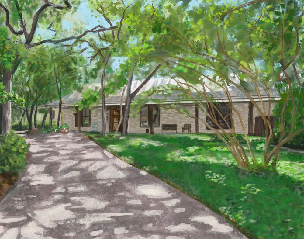 A stone pathway leading to a house with a front porch, surrounded by lush greenery and trees in a residential yard.