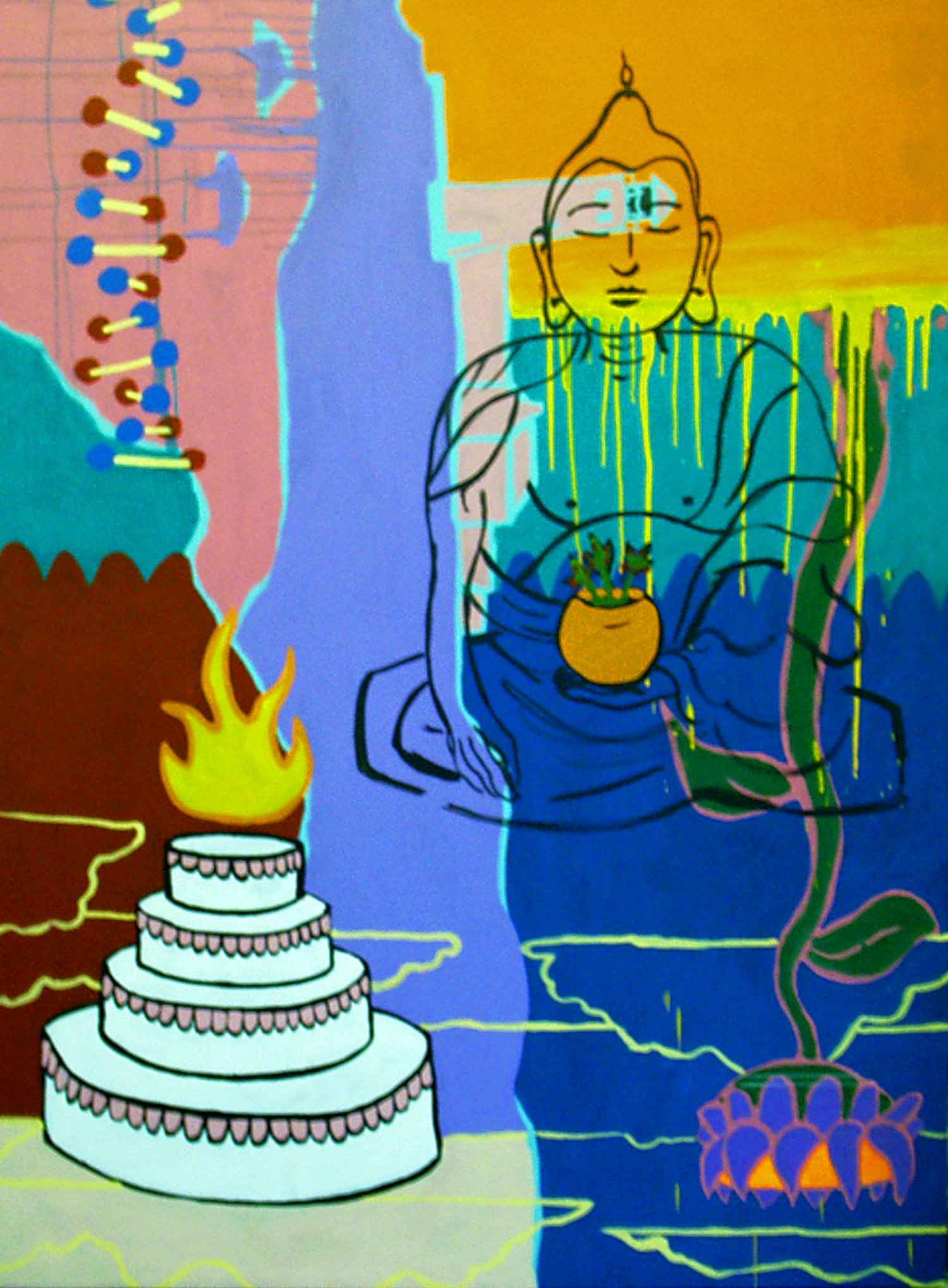 A colorful abstract artwork with a wire outline of a meditating woman holding a pot, a cake with pink icing, a lightning bolt, a candle with flames, and vibrant patterns and colors.