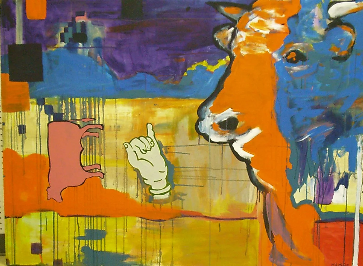 A colorful abstract painting featuring a large fox's face on the right side, a pink pig's silhouette on the left side, and a white hand with a raised index finger in the center, all set against a vibrant yellow, purple, and orange background with dri