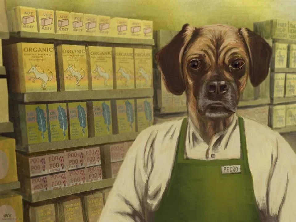 A dog with the body of a human wearing a white shirt and green apron in a grocery store.