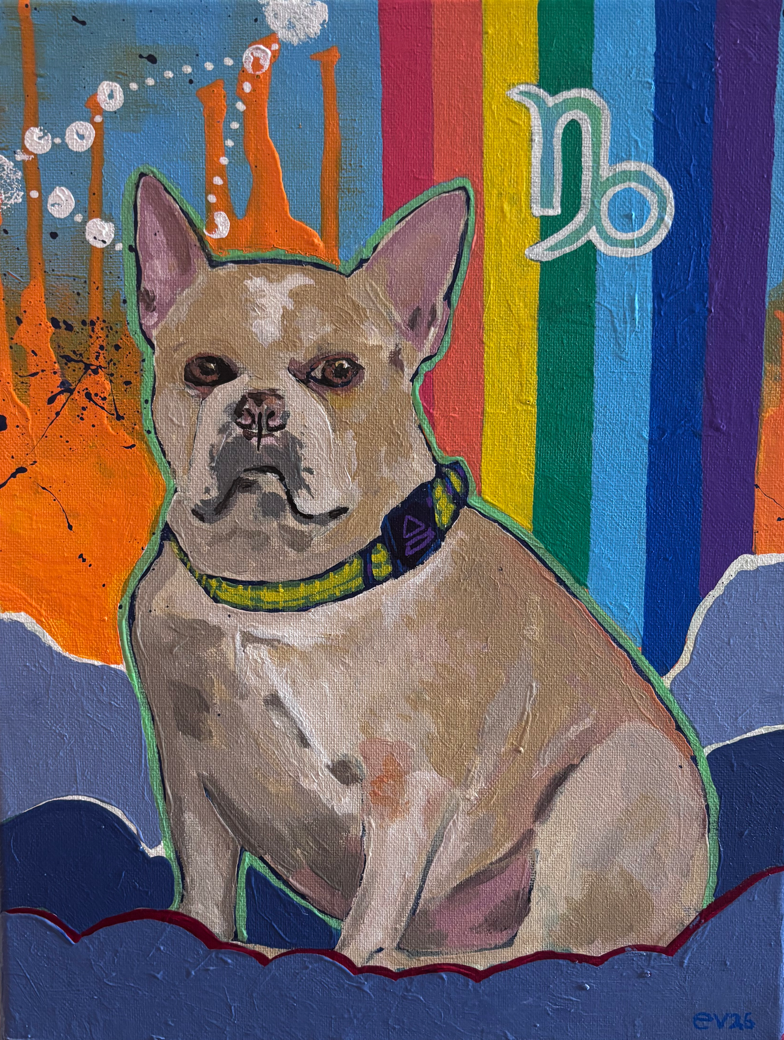 Painting of a small dog with a rainbow-colored background and the number 6 with white outlines.