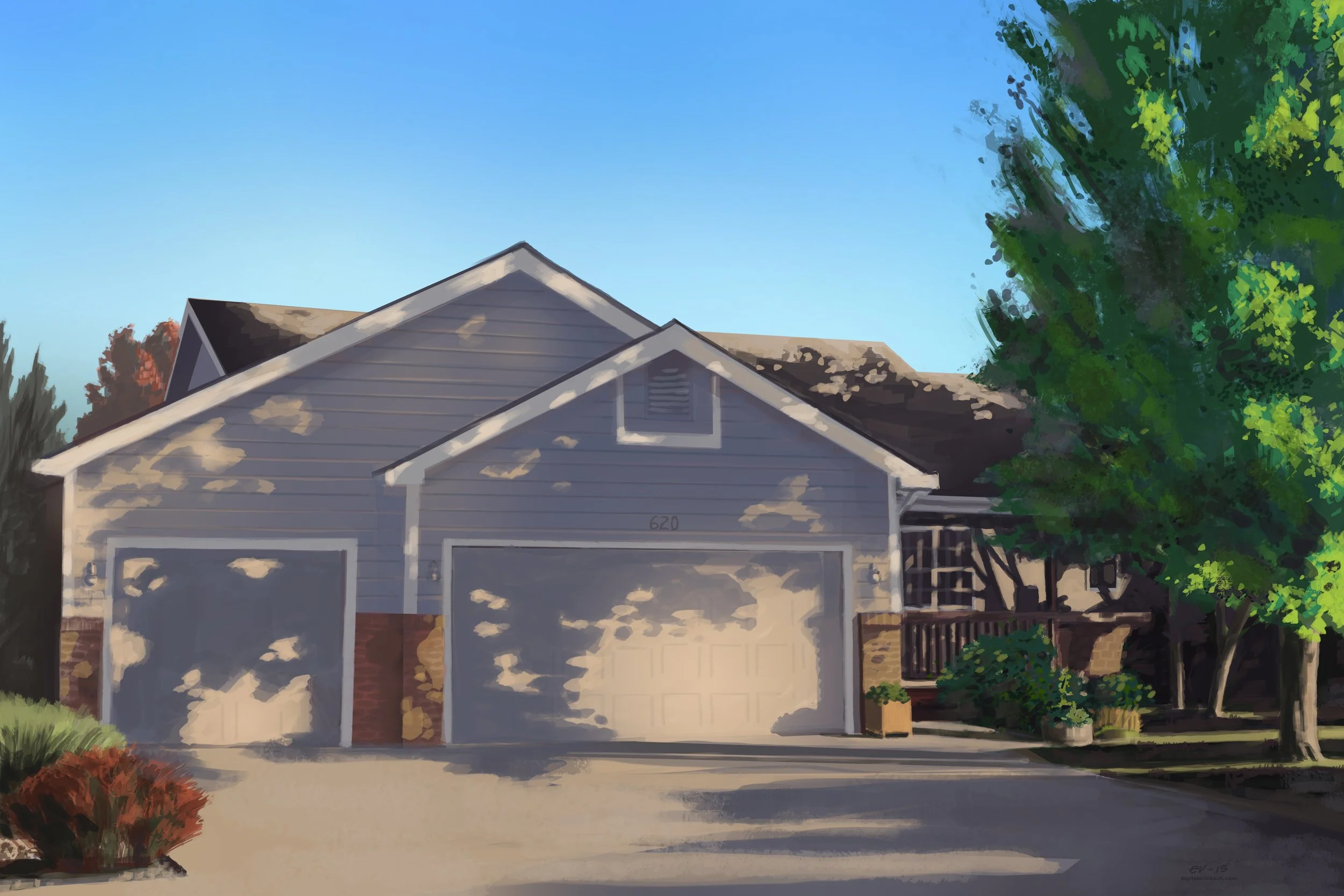 A house with a white garage door and a triangular roof, surrounded by greenery and trees under a clear blue sky.