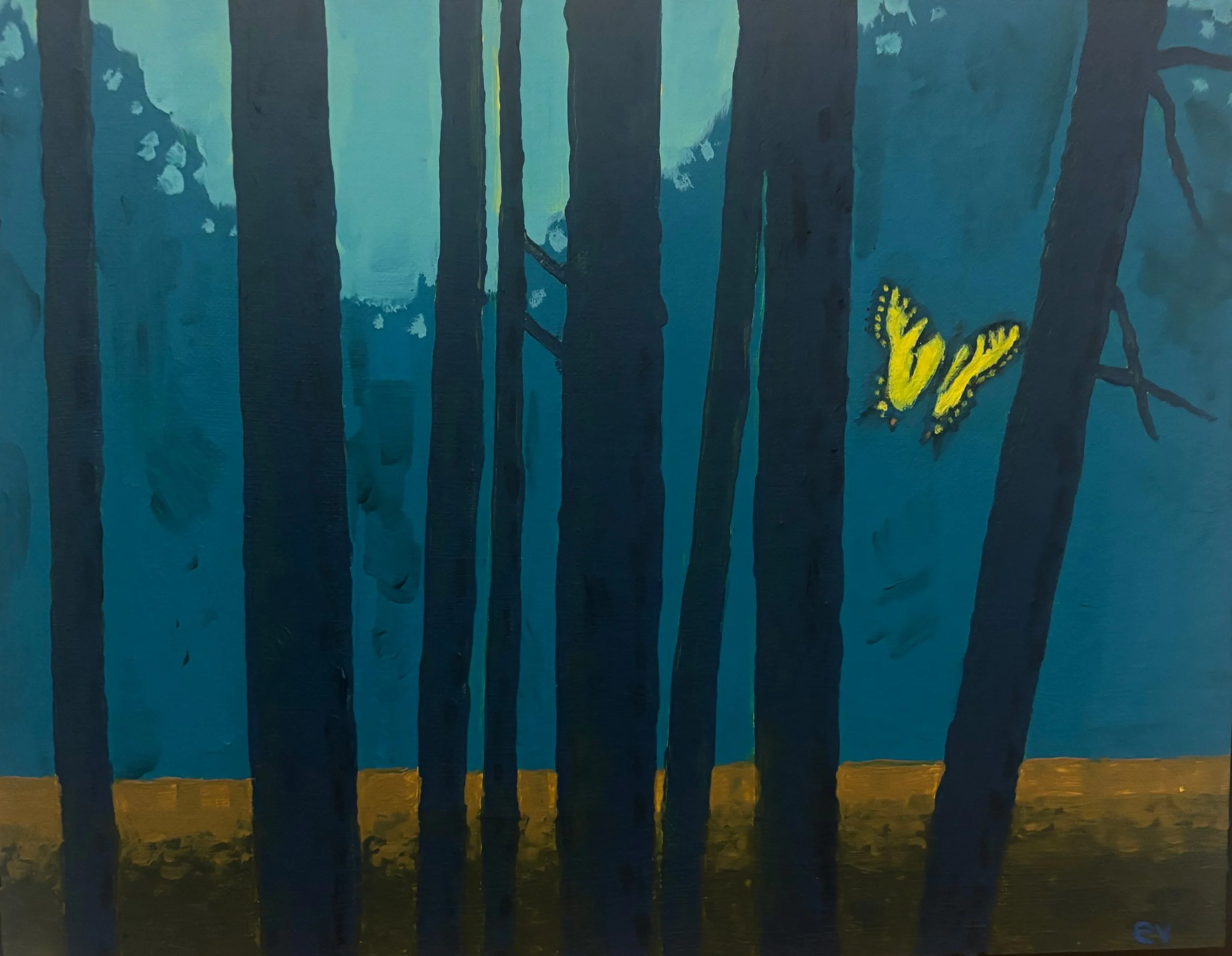 A painting of a forest with tall trees and a yellow and green butterfly near the bottom right.