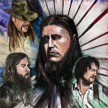 A painted mural of The Beatles, featuring John Lennon, Paul McCartney, George Harrison, and Ringo Starr, with John Lennon at the center, set against a background resembling a fan or sunburst pattern.