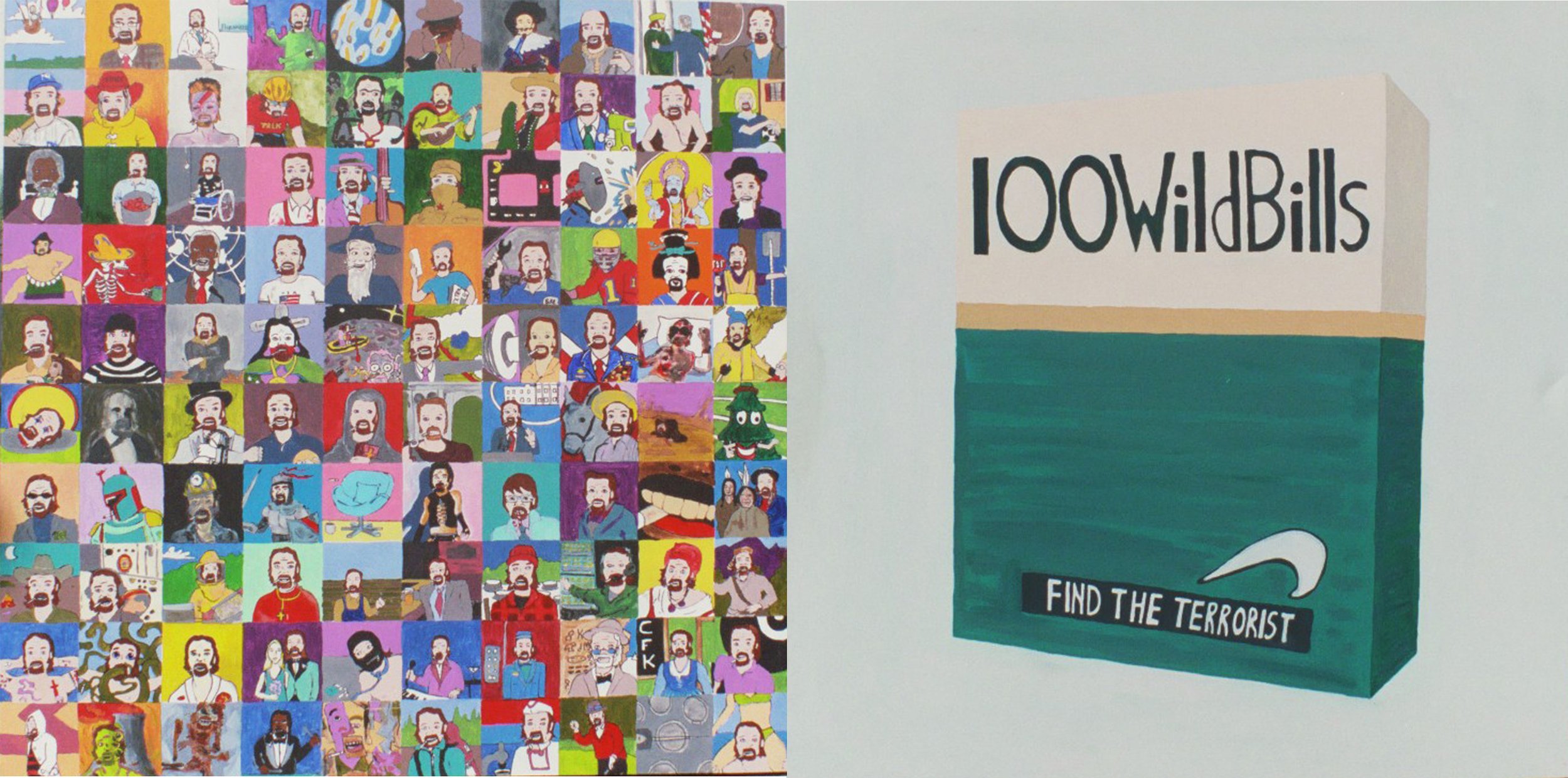 Collage of various colorful cartoon-style portraits of men with diverse appearances and expressions on the left, and a green and white box on the right with the text '100 WILD Bills' and a subtitle that reads 'FIND THE TERRORIST'.