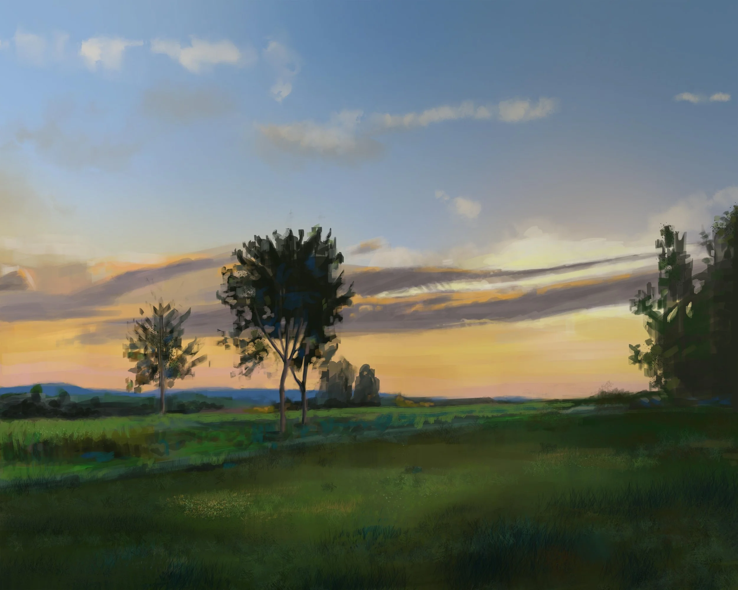 A landscape scene at sunset with a grassy field in the foreground, three trees in the middle ground, and a sky with clouds and a hint of sunlight in the background.