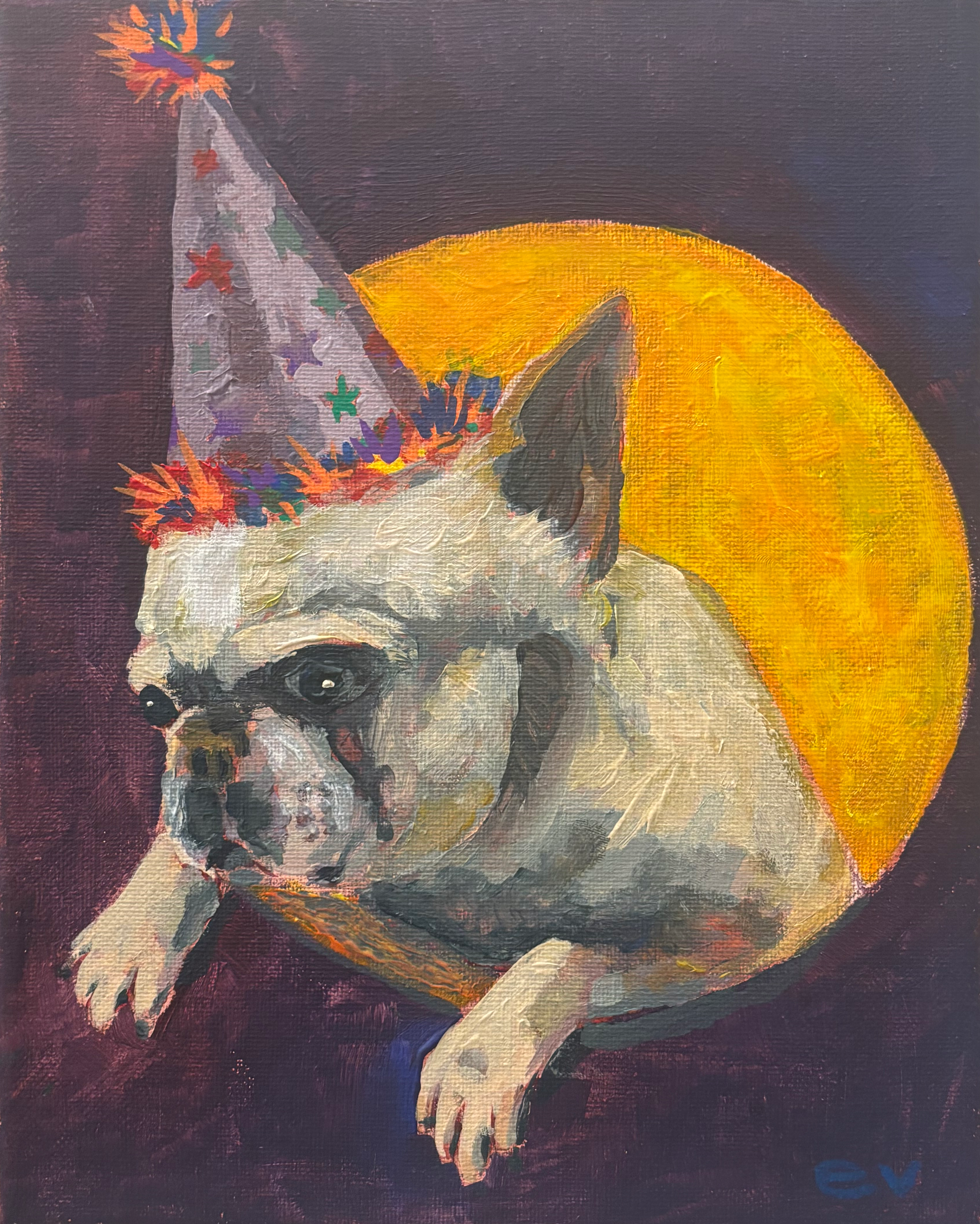 Painting of a dog wearing a party hat with colorful stars, colors include black, white, yellow, and purple.