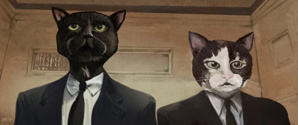 Two cats with human bodies dressed in black suits, white shirts, and black ties, standing against a beige wall. The cat on the left is black with green eyes, and the cat on the right is black and white with yellow eyes.
