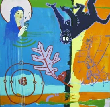 A colorful mural with a woman in blue on the left holding a phone, a black cat hanging upside down, a large white leaf, and orange and green sections with abstract shapes, including a basketball hoop and a person standing near a tennis net.