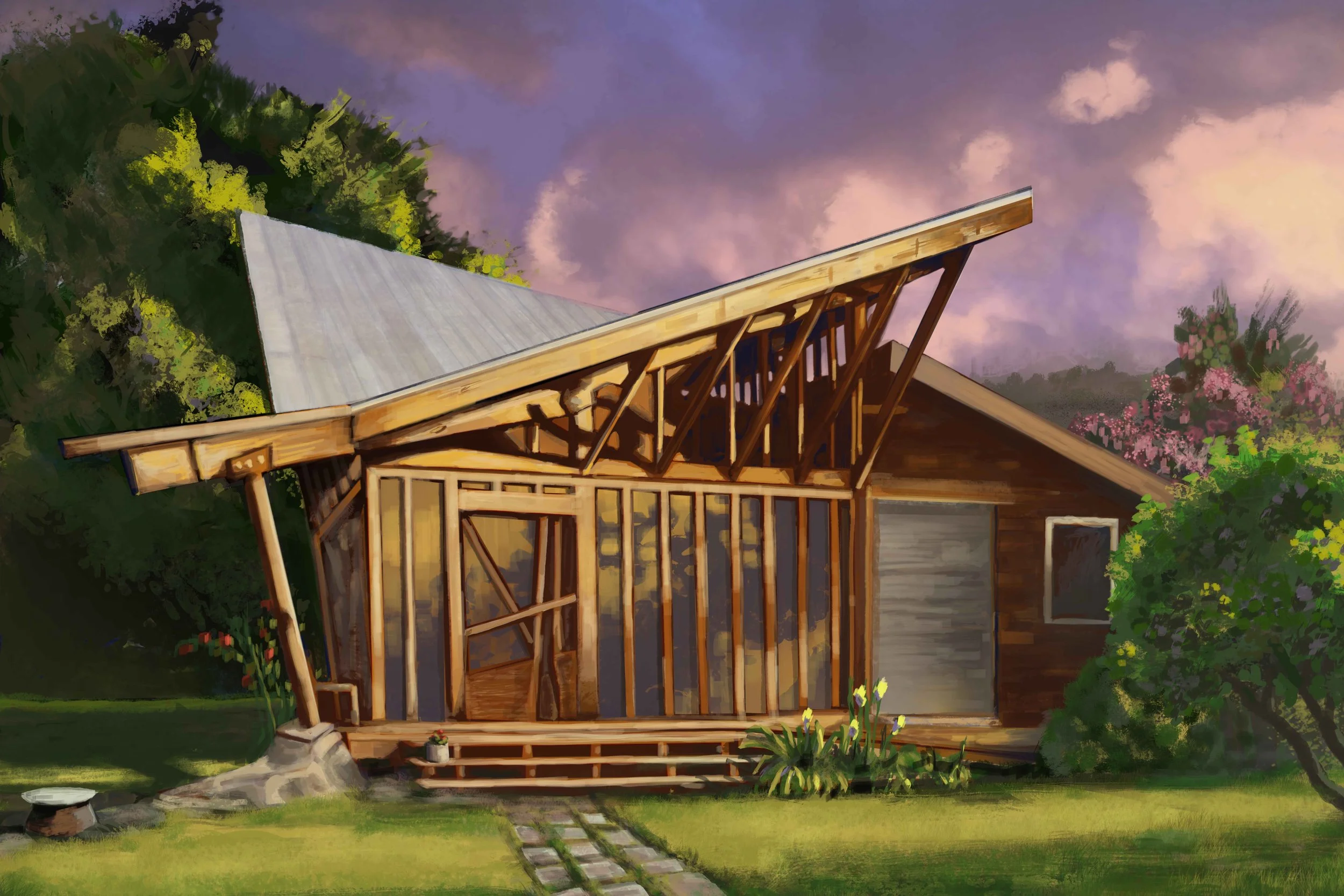 A house under construction with a wooden framework and a metal roof, surrounded by greenery and flowers, during sunset.