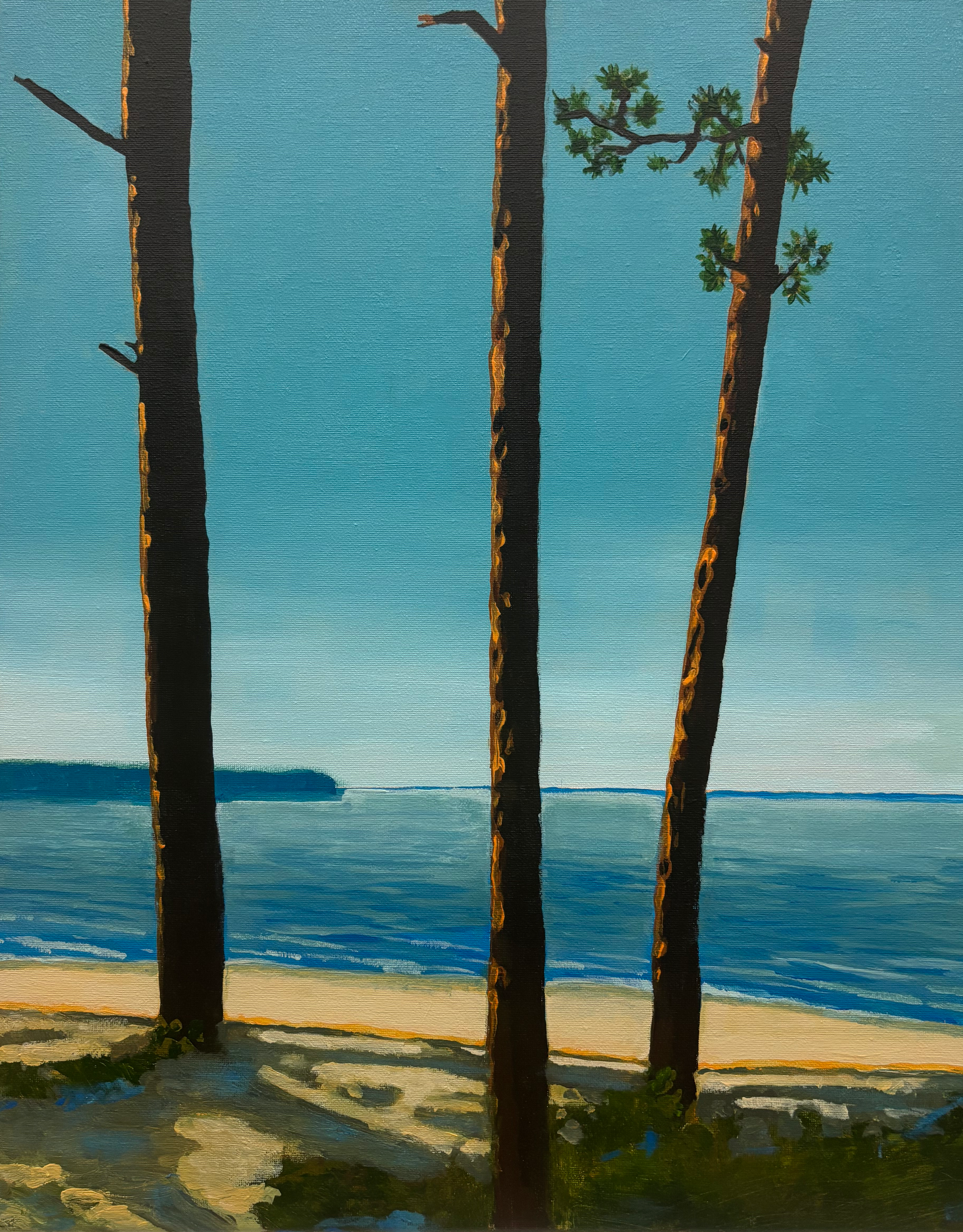 Painting of three palm trees near a beach with water and sky in the background.