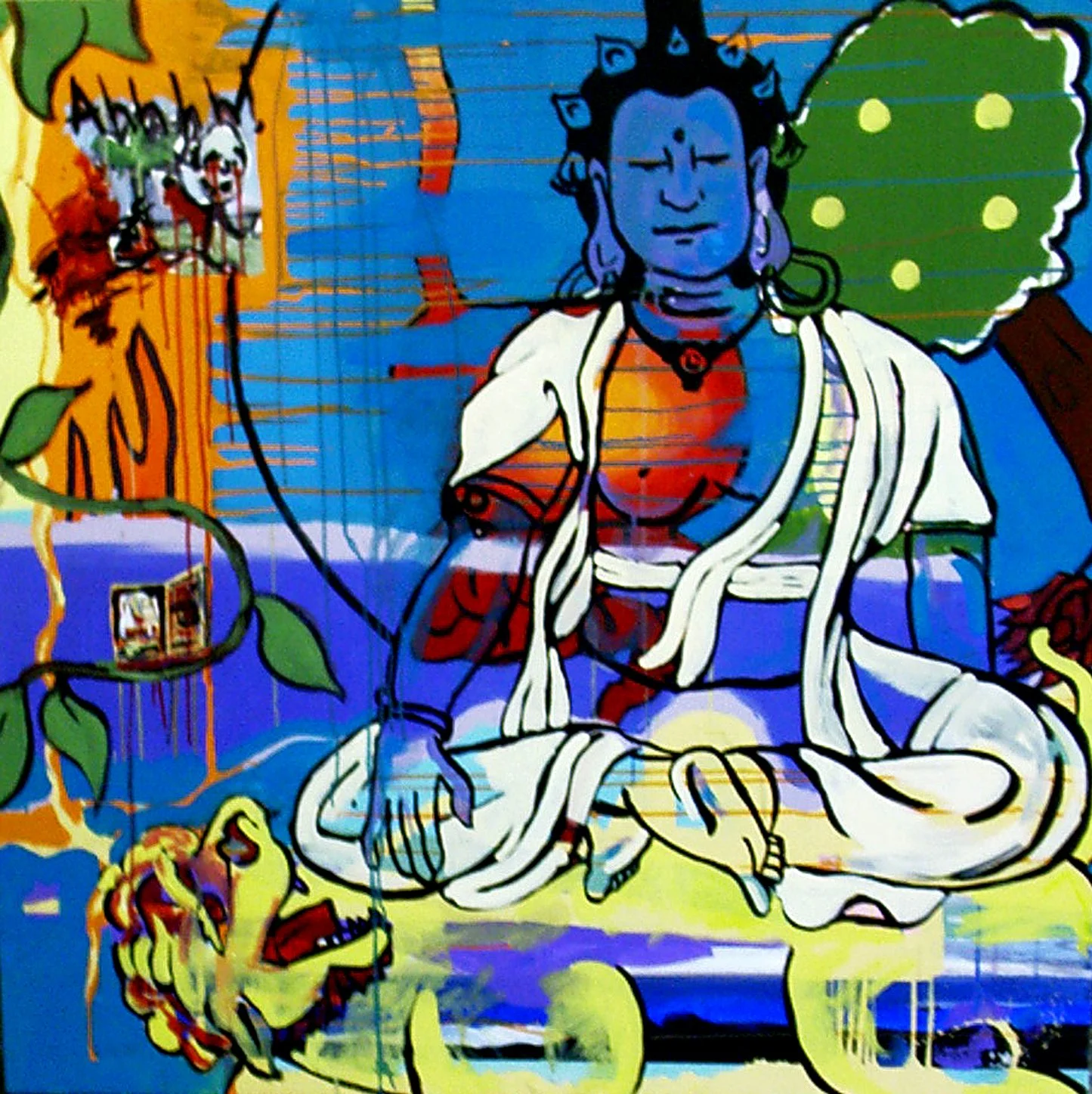 A colorful, stylized painting of a seated person with closed eyes, blue skin, wearing traditional attire with white cloth and jewelry. The background features vibrant colors and abstract elements, including a speech bubble with yellow polka dots and 