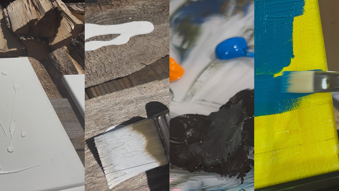 Close-up of a painting in progress on canvas with blue, yellow, and black paint, with a paintbrush applying yellow paint.