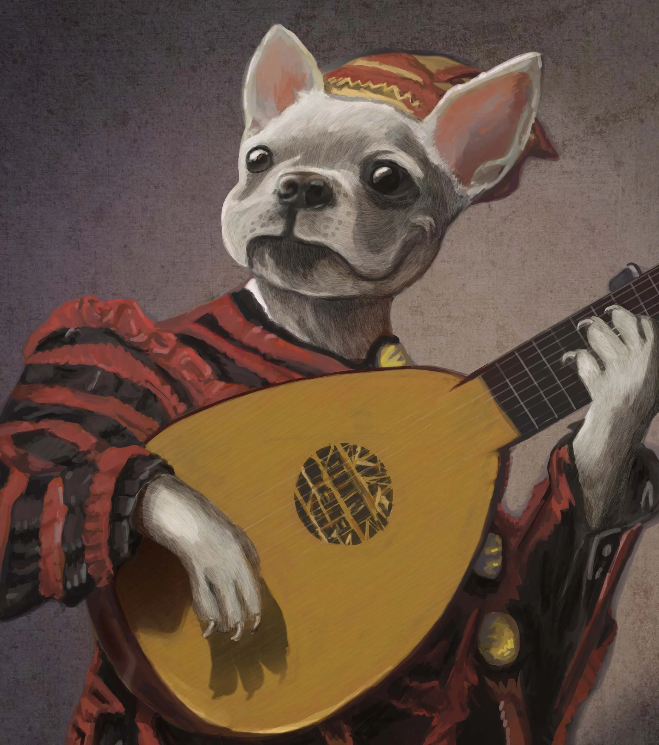 Painting of a French Bulldog with large ears, tan in color, wearing a red plaid scarf, holding a guitar, against a dark background.