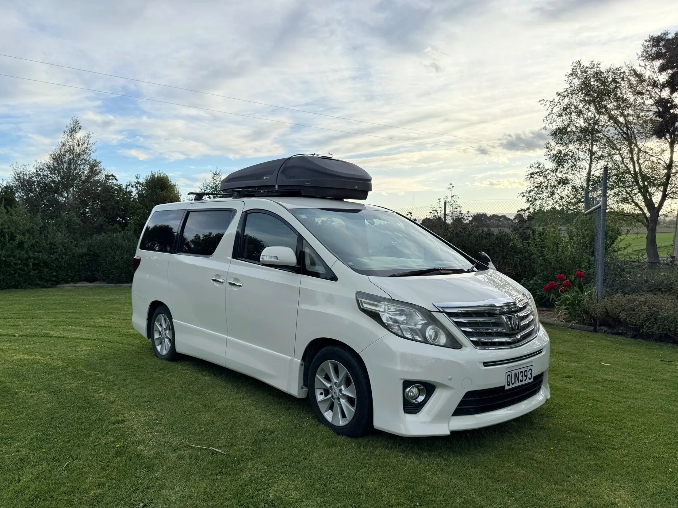 A white minivan parked on a grassy area with a black roof cargo box, trees, shrubbery, and cloudy sky in the background.