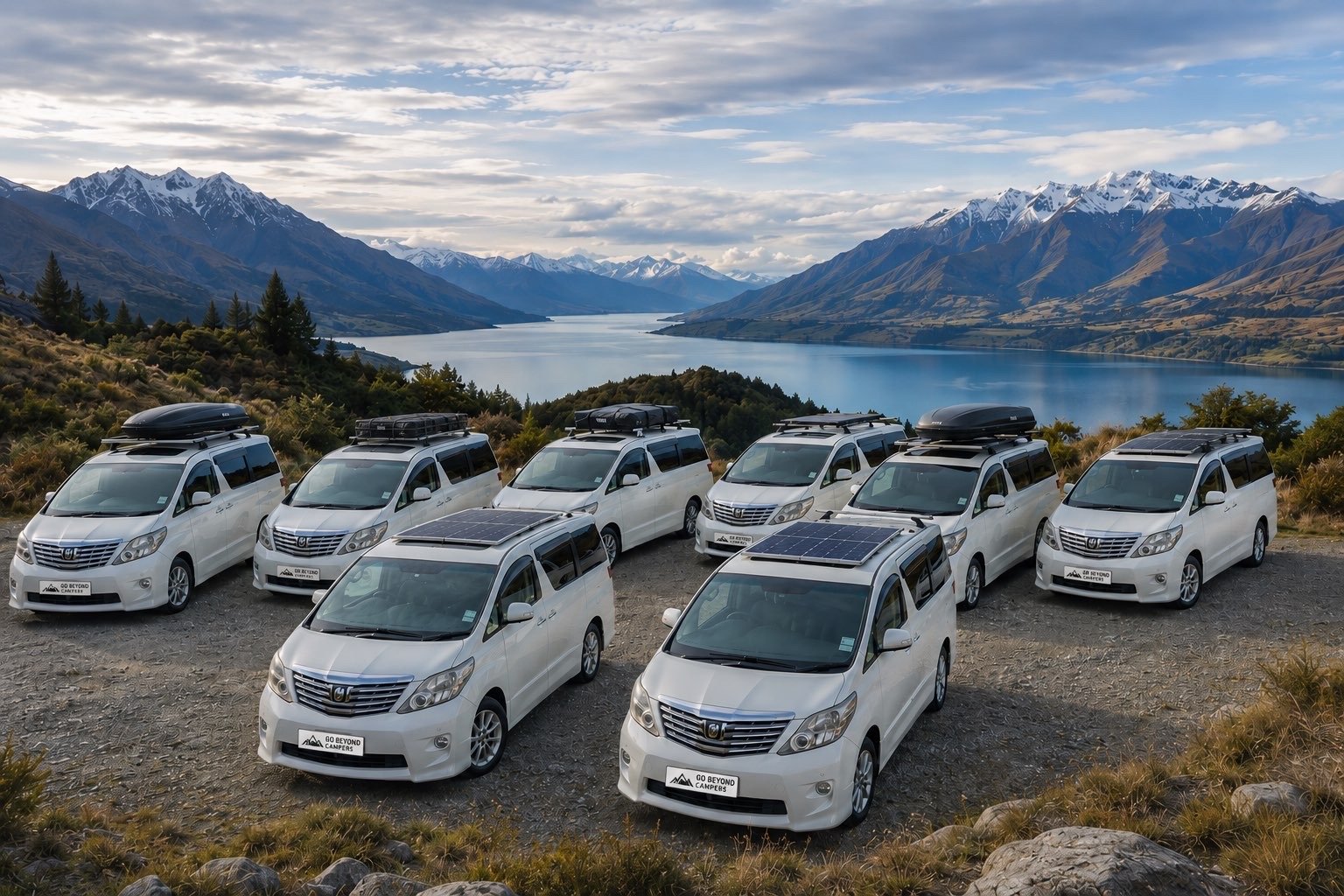 Multiple white camper vans with solar panels parked on a gravel area in a mountainous landscape with a lake, snow-capped peaks, and a cloudy sky in the background.