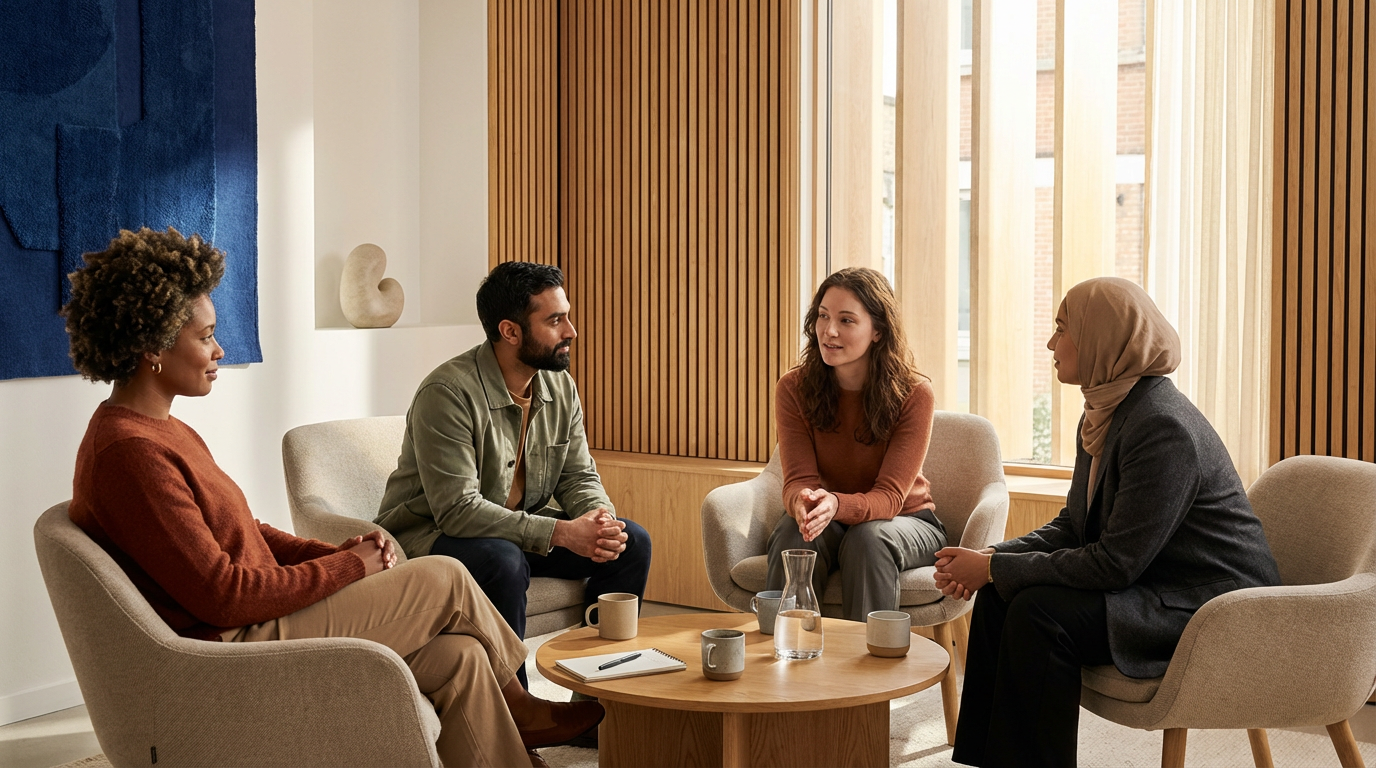 Four diverse women and a man are having a conversation in a cozy, well-lit room with wooden paneling and large windows. They are seated on chairs around a small round table with cups, a notebook, and a water pitcher.