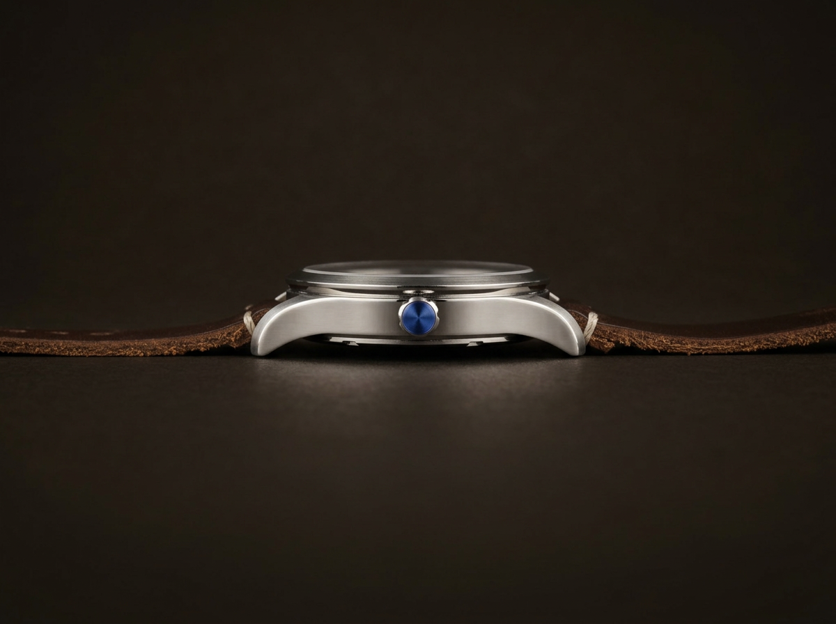 Side view of a wristwatch with a silver case, blue crown, and brown leather strap, placed on a dark surface