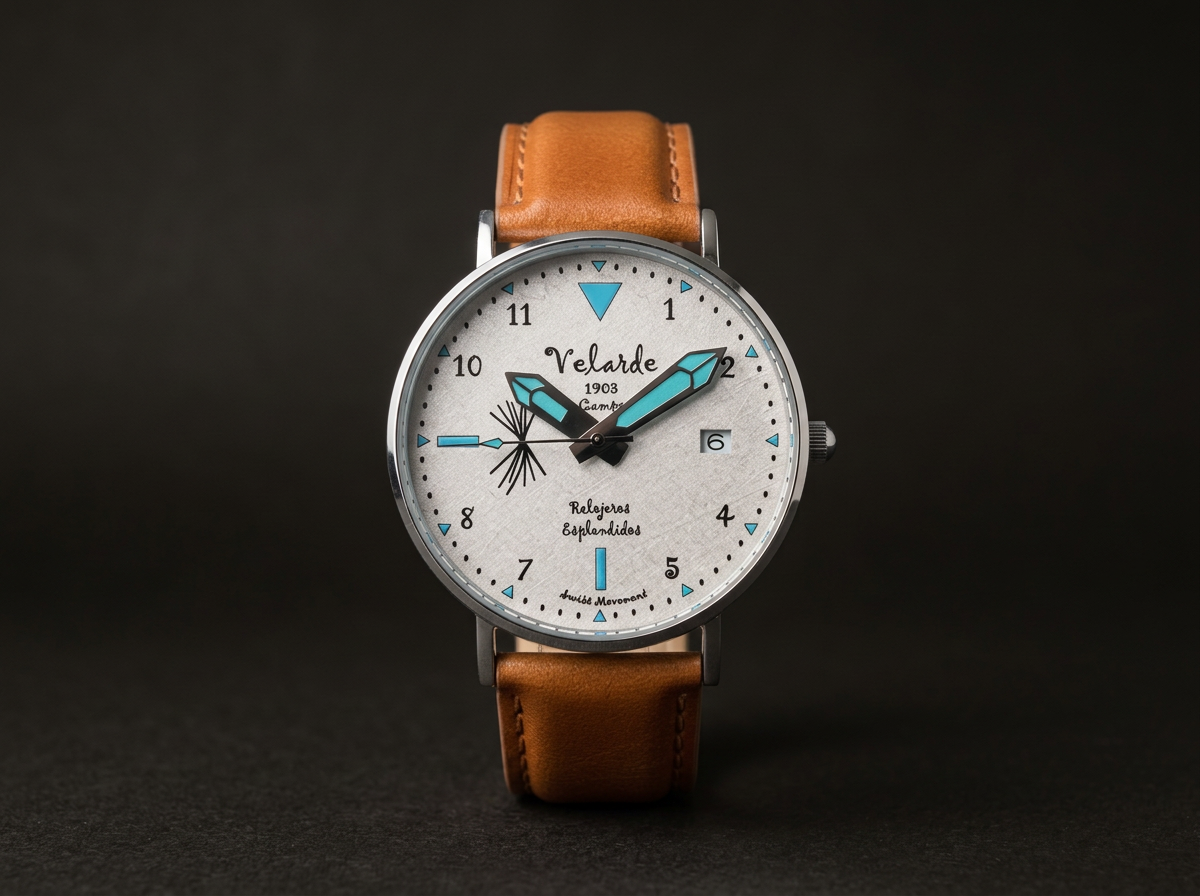 A wristwatch with a round face, brown leather strap, and blue and black details on a black background.