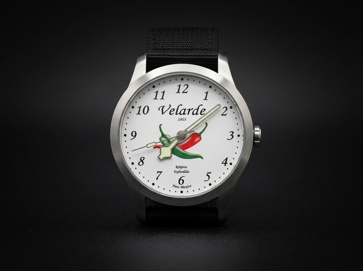 A wristwatch with a white face, metal case, black strap, and a chili pepper design in the center.