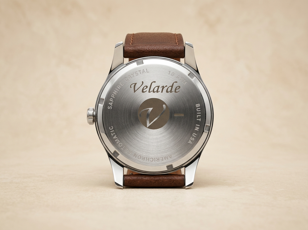 Back of a wristwatch with a silver metal case, brown leather strap, and inscriptions including "Velarde," "Sapphire Crystal," "Built in USA," and "Water-resistant to 10 ATM."