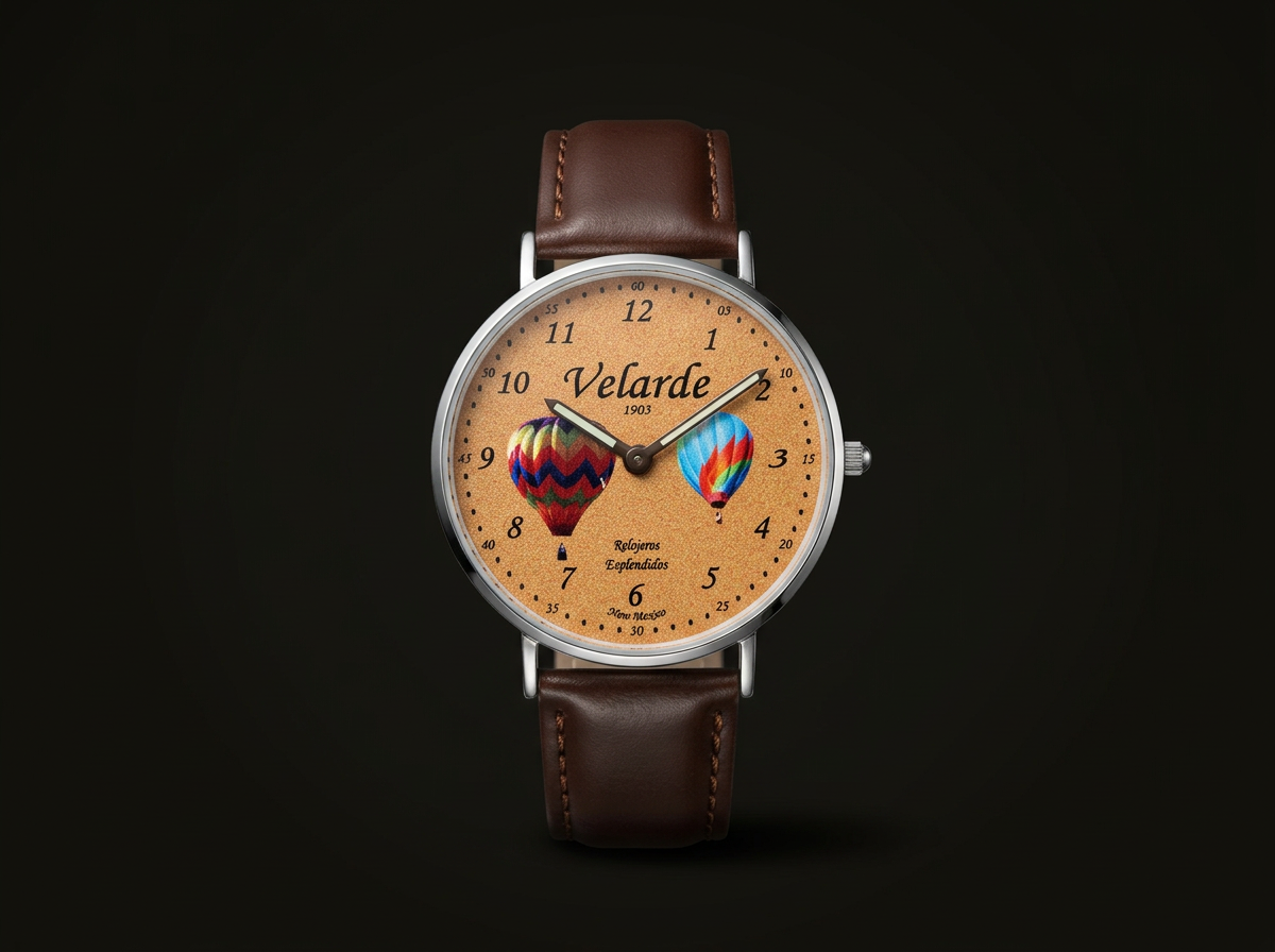 A wristwatch with a brown leather strap, round silver case, and a beige dial featuring two colorful hot air balloons, the brand name "Velarde," and Spanish text about a tour. The watch has black hour and minute hands and a blue second hand, with numeral markers and minute/second markings around the edge.