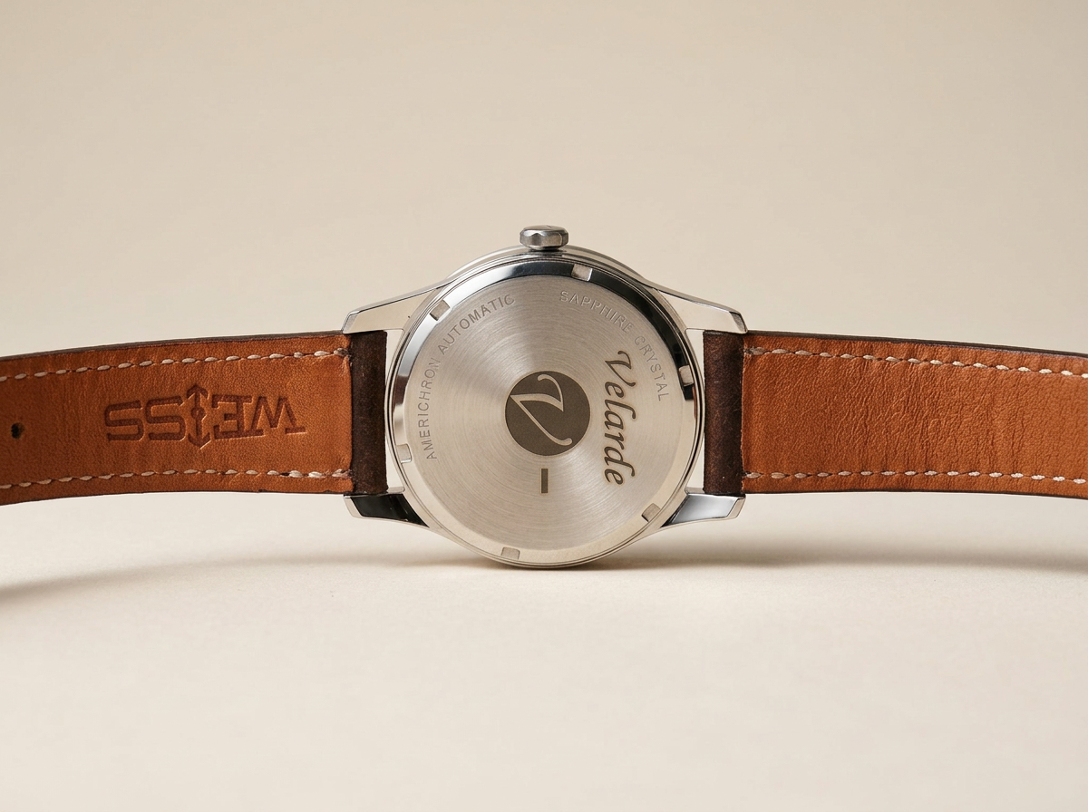 Back of a wristwatch with a brown leather strap, displaying a silver case with the brand name "Velarde" and details like "American Chrono Automatic" and "Sapphire Crystal."