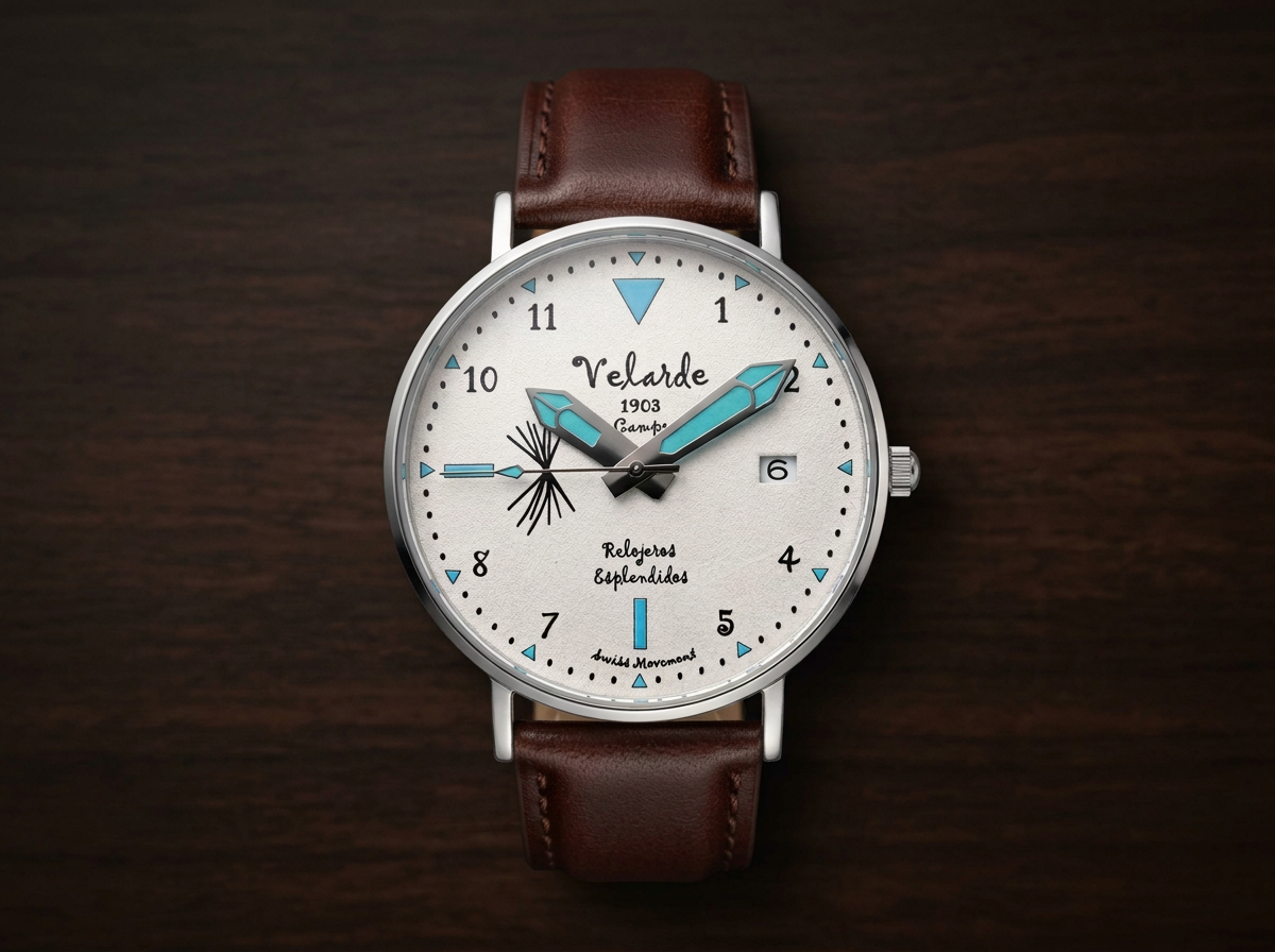 Close-up of a wristwatch with a white face, black and blue markers, and a brown leather strap, on a dark wooden surface.