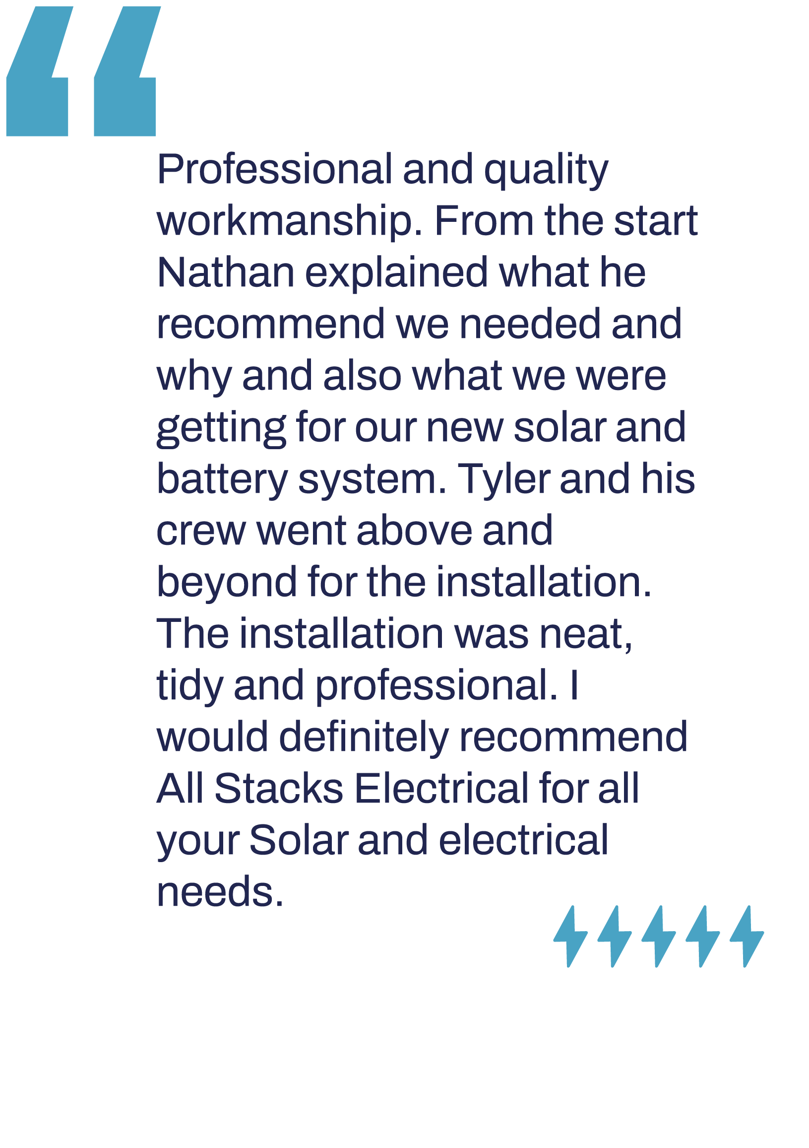 5 Star rating customer review from Troy M. about Solar Electrical services, praising professionalism, quality workmanship, neat installation, and recommending All Stacks for solar and electrical needs.