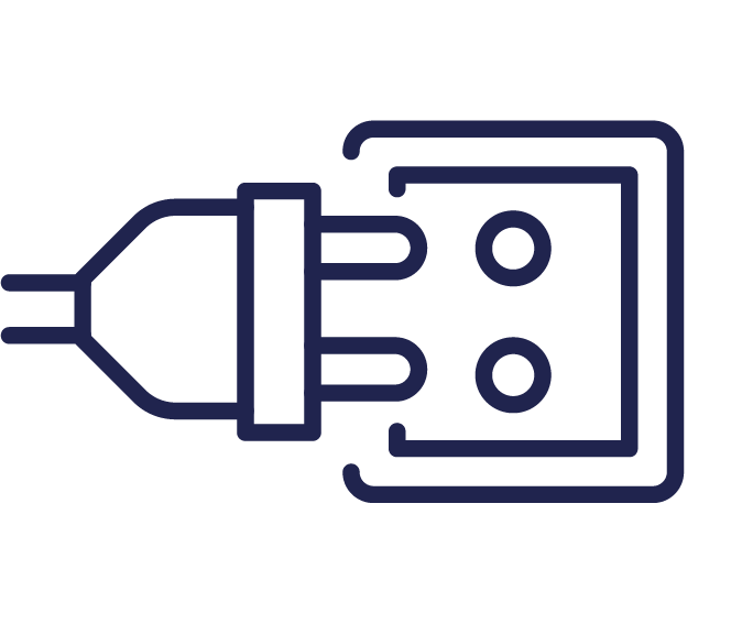 Icon of a power plug connected to a power outlet, representing power outlets domestic electrical service