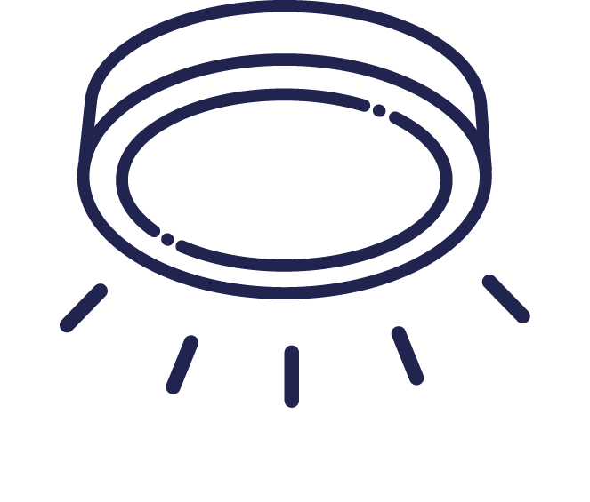 Icon of LED ceiling light fixture with rays shining down from it, representing LED lighting electrical service.