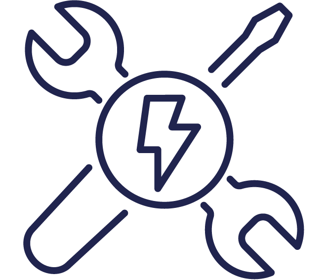 Icon of  wrench and screwdriver with a lightning bolt inside a circle, representing real estate repairs and maintenance service