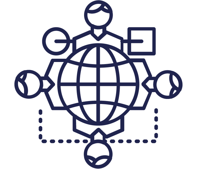 Icon of a person connected to a globe, with lines linking to four speech bubbles around the globe, representing data and communications.