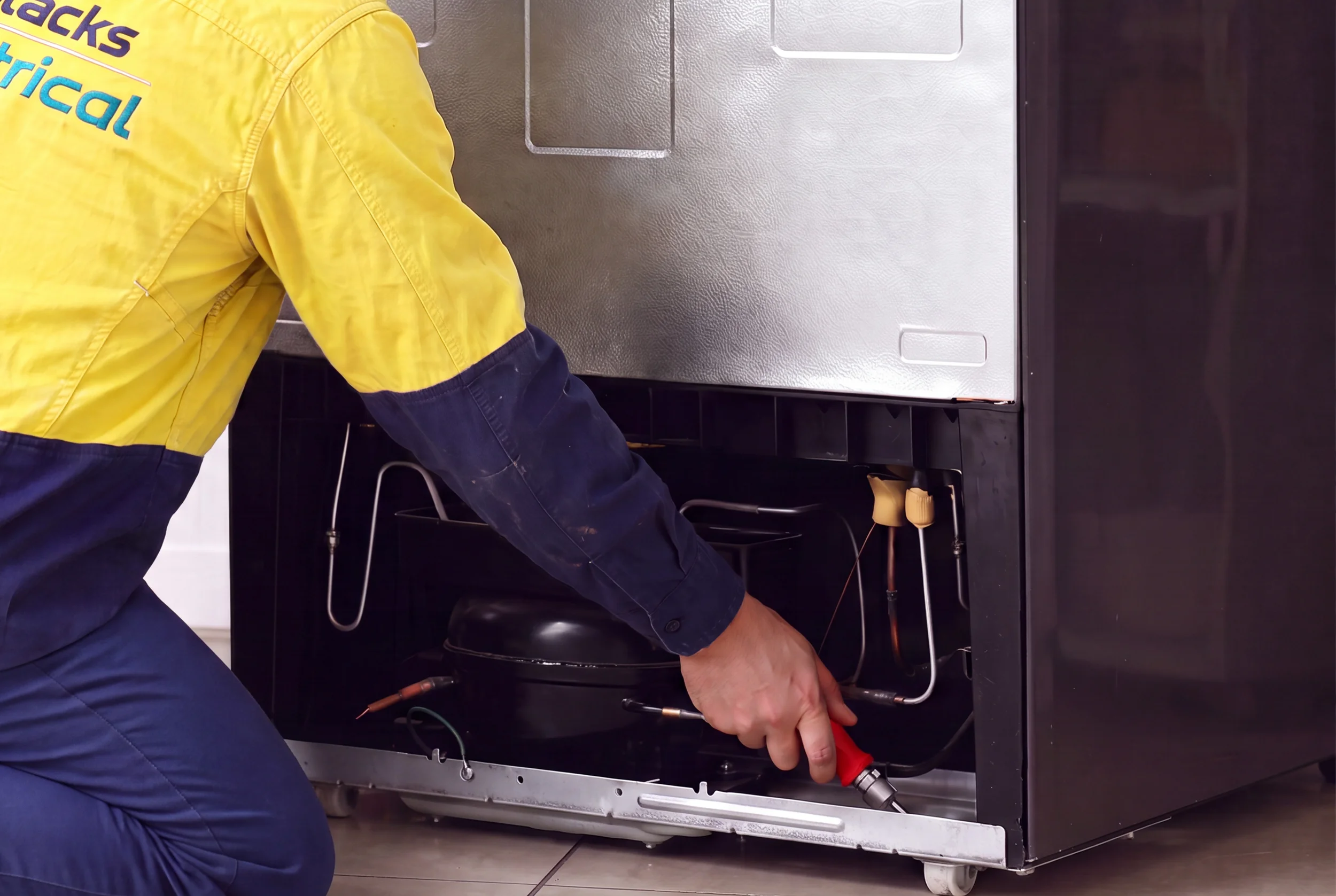 A worker wearing a yellow shirt with All Stacks Electrical on the back is working on electrical components inside a back of fridge