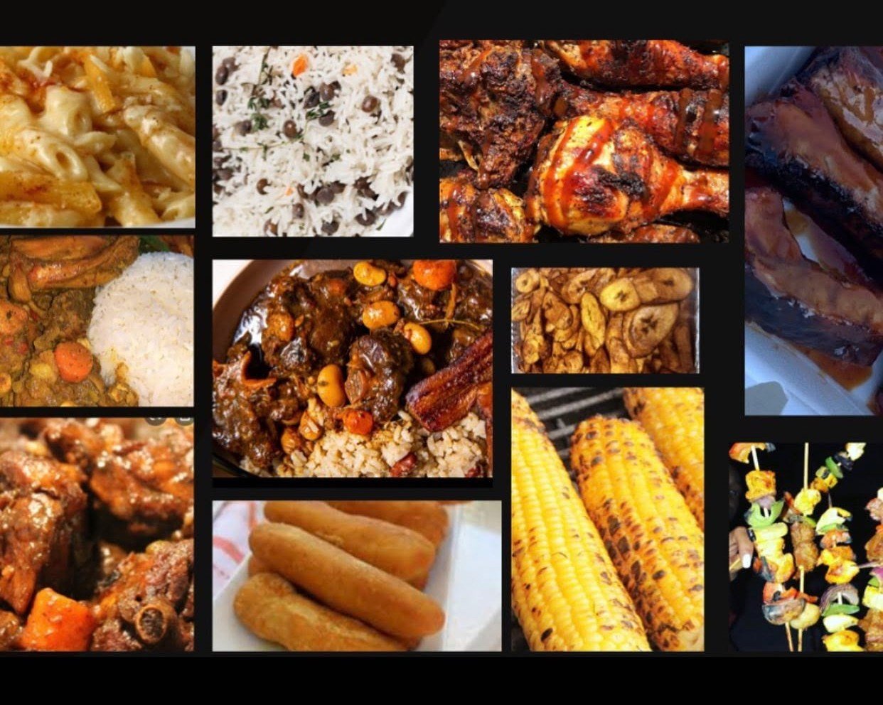 A collage of various foods, including pasta, rice dishes, grilled chicken, barbecue ribs, fried plantains, roasted corn on the cob, and skewered meats.