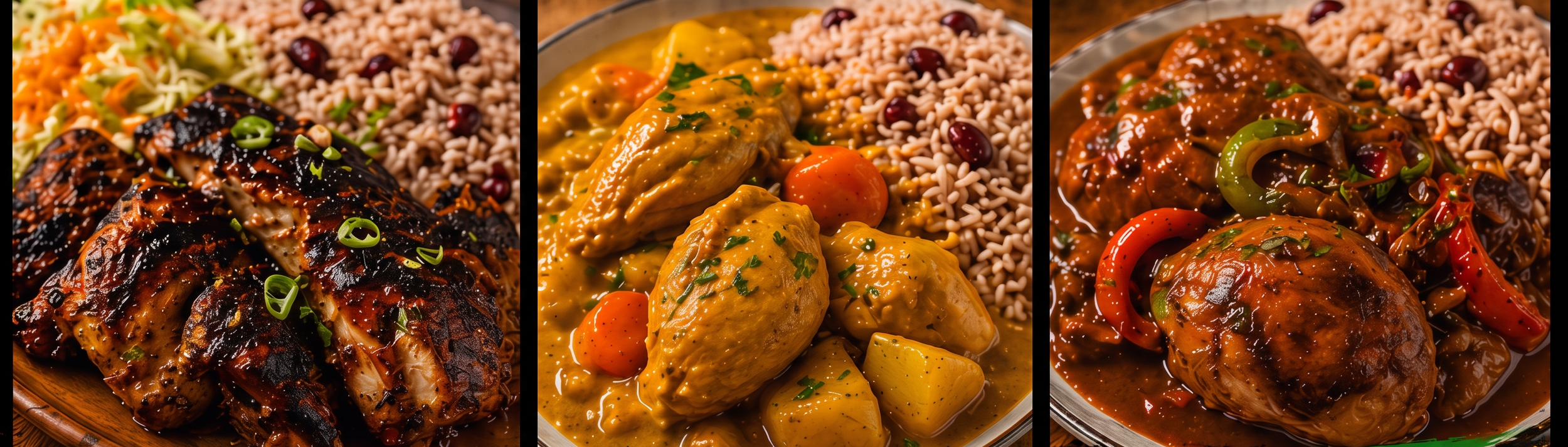 Three dishes of chicken with rice and vegetables, featuring grilled chicken, chicken pot pie or stew, and chicken with rice in a savory sauce, served with sides of seasoned rice and vegetables.