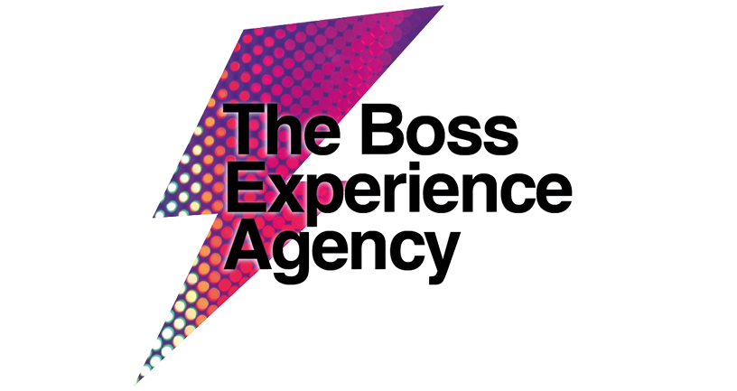 Logo for The Boss Experience Agency featuring a stylized lightning bolt with colorful dots and bold black text.