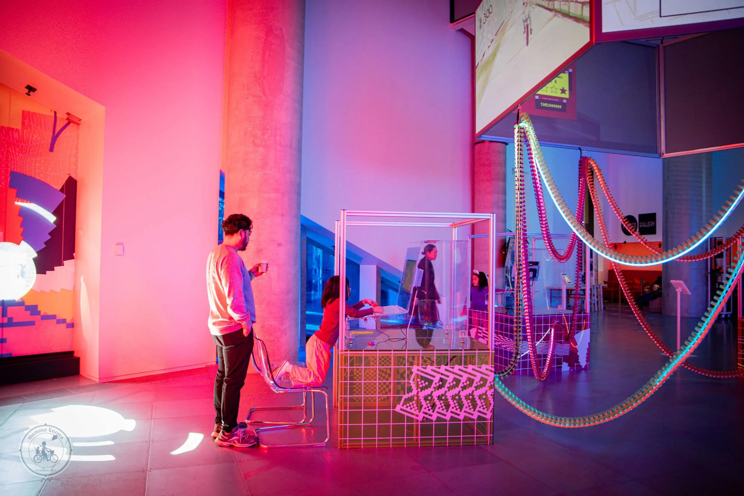 Custom interactive hardware with LEDs being displayed at Science Gallery Melbourne