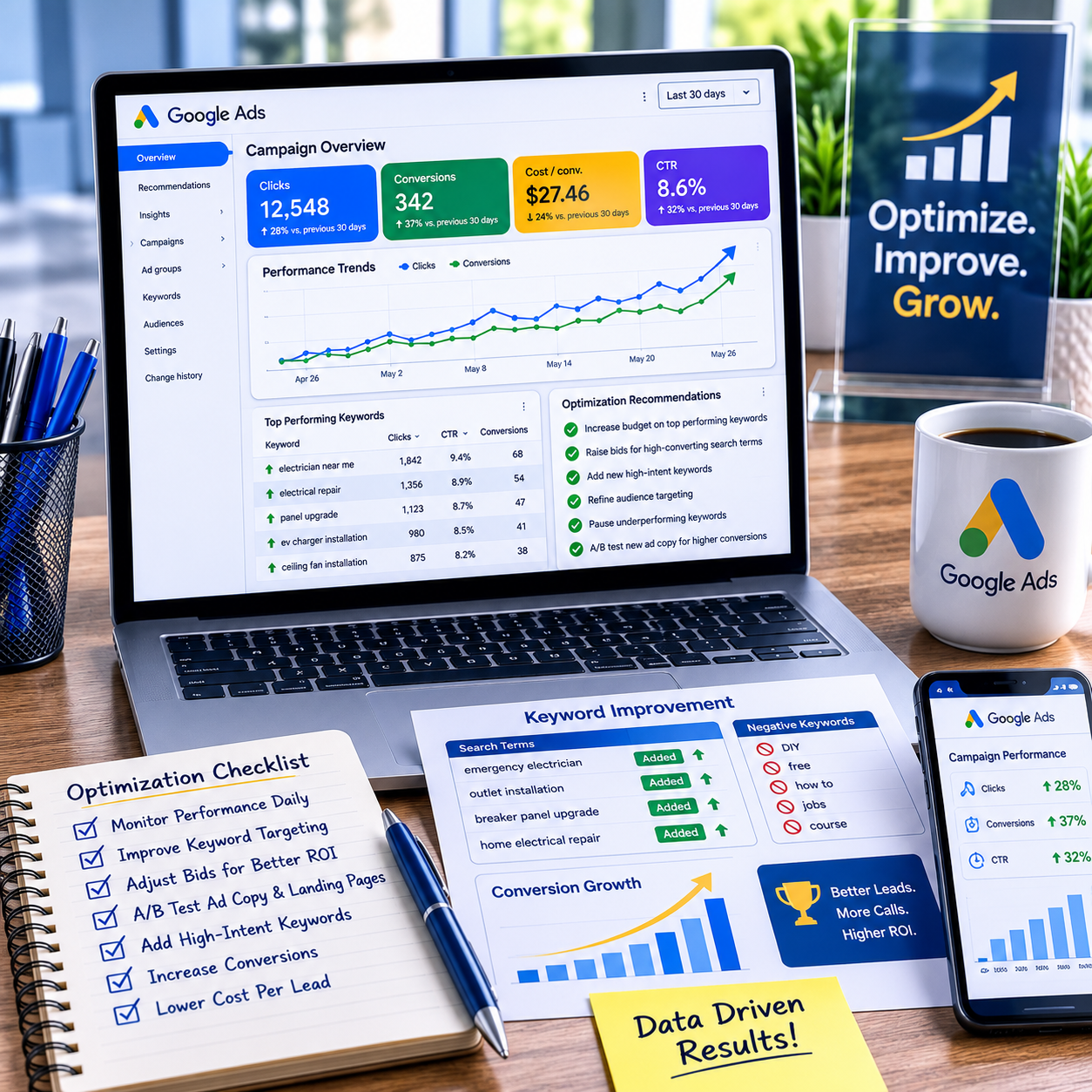 Google Ads optimization dashboard showing keyword improvements, campaign monitoring, conversion growth, bid optimization, and performance tracking to increase qualified leads and return on investment.